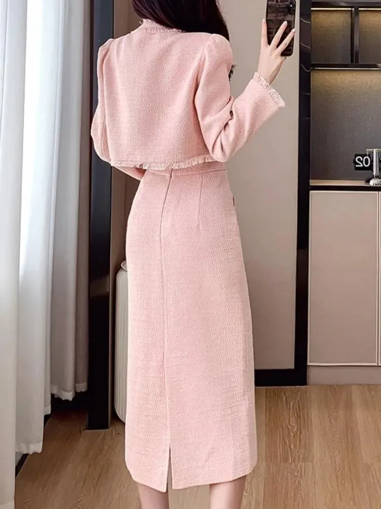 French Elegant Women Pink 2 Pieces Set 2023 Autumn Tassel Long Sleeve Coat A-line Chic Midi Skirt Spring Y2k Lady Dress Suits