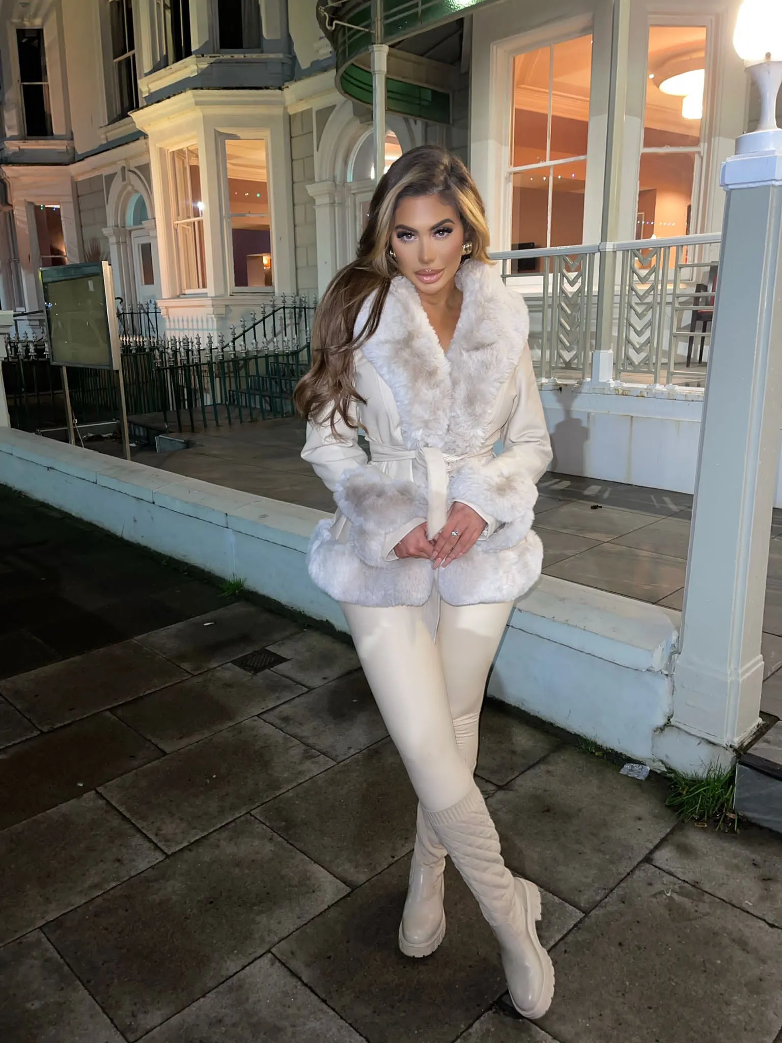 Freya Belted Fur Coat - Cream