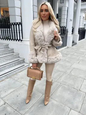 Freya Belted Fur Coat - Cream