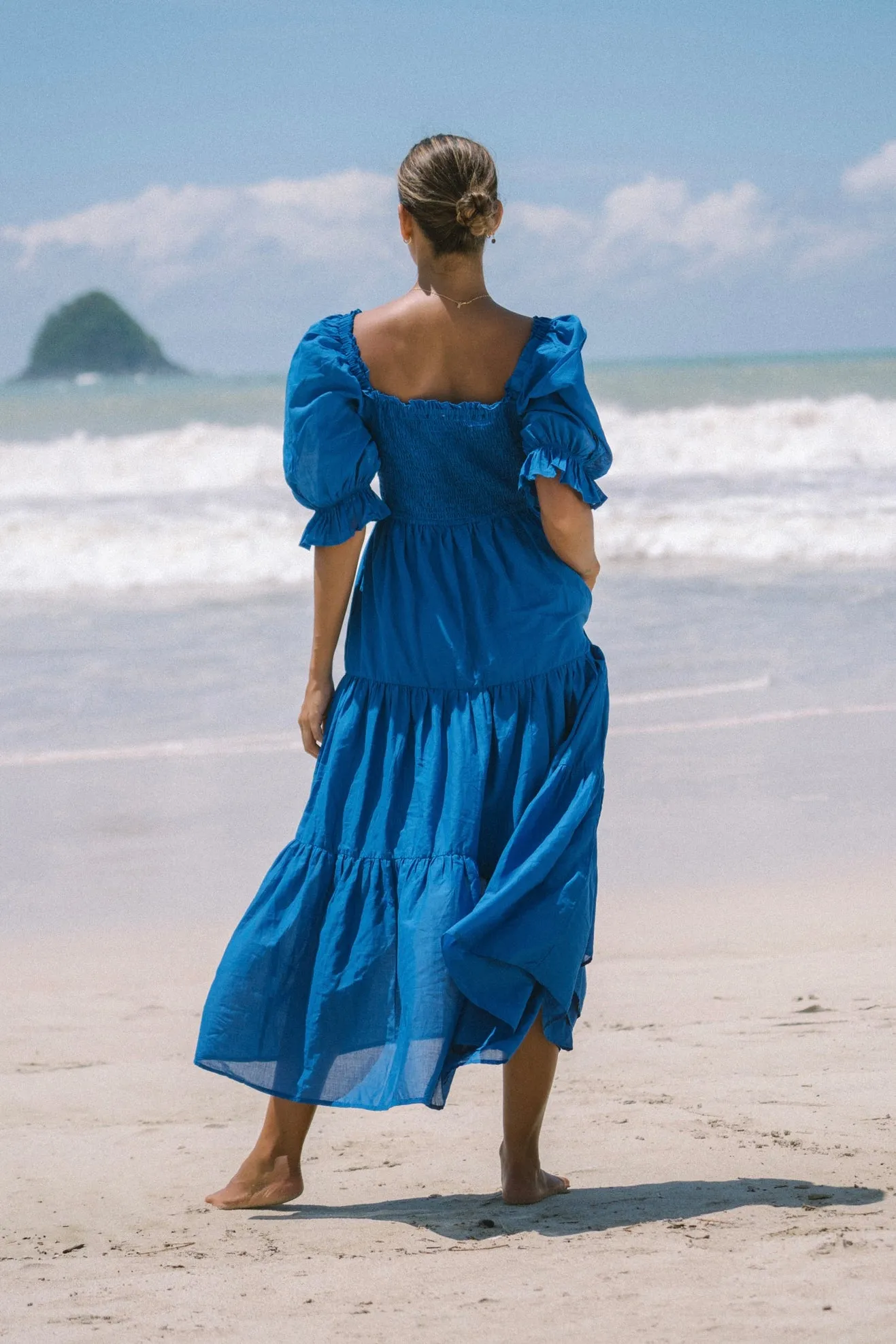 Gabrielle Blue Puff Sleeve Tiered Midi Dress