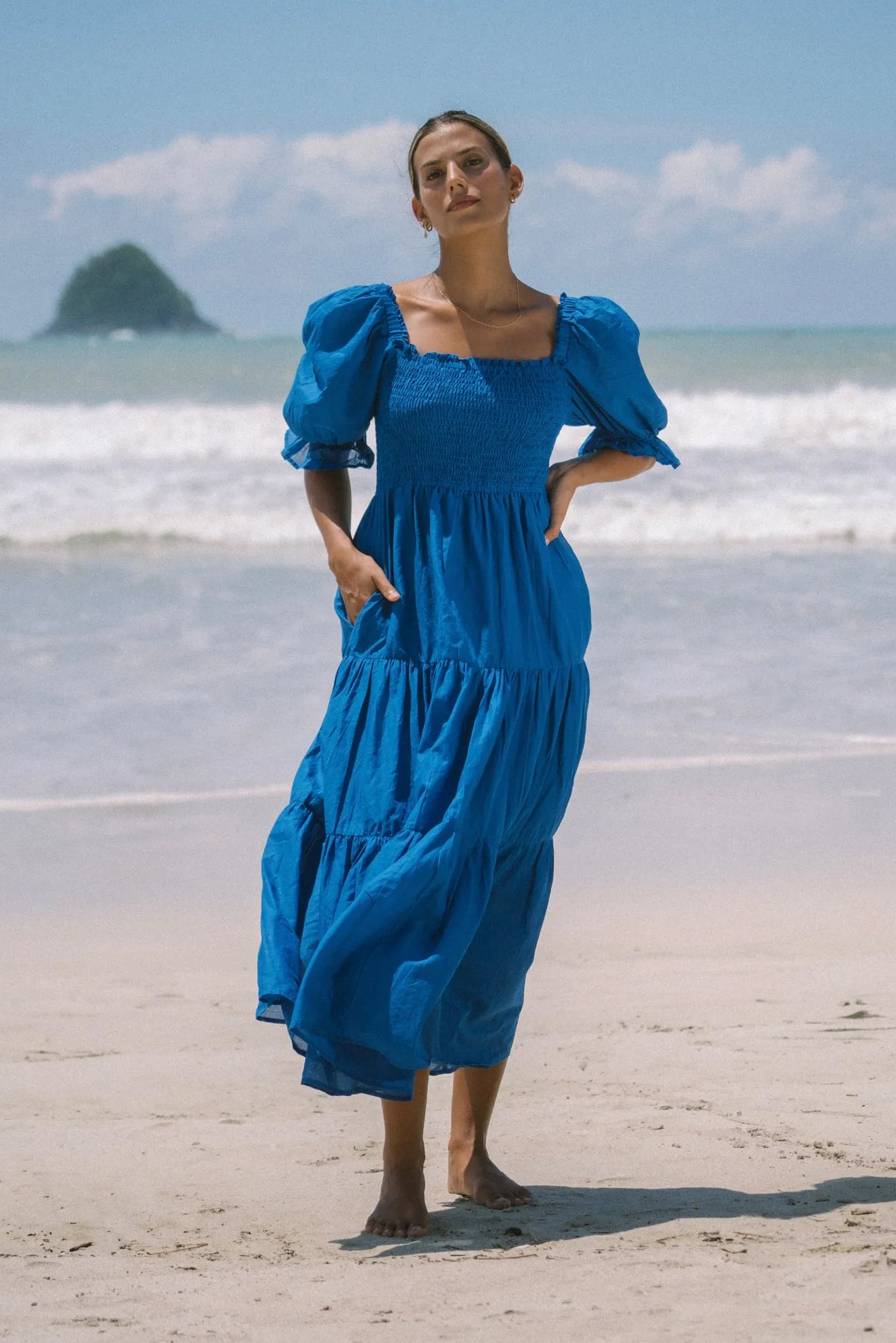 Gabrielle Blue Puff Sleeve Tiered Midi Dress