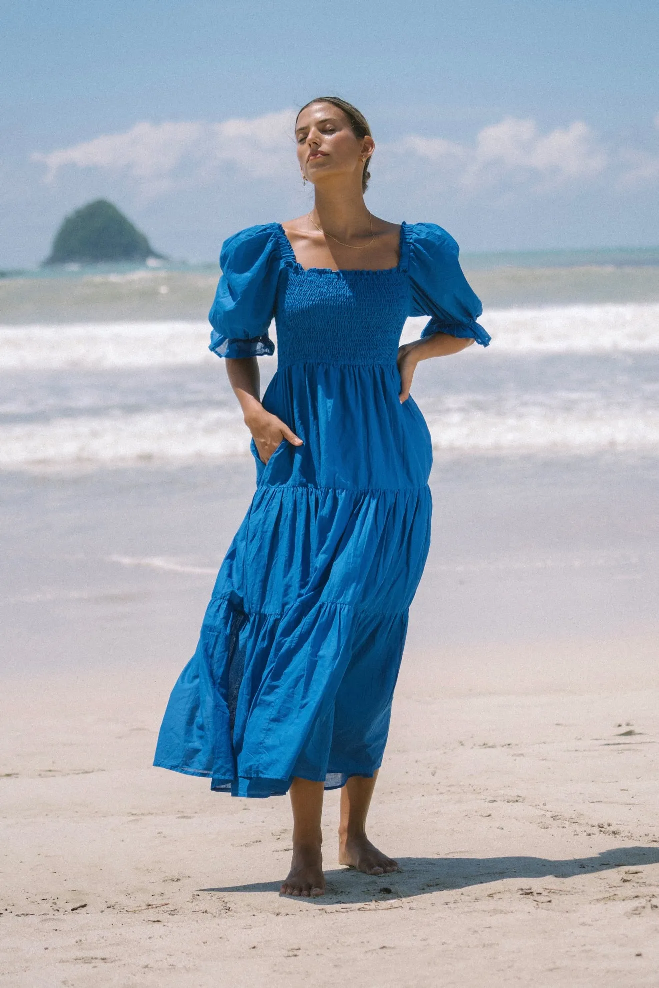 Gabrielle Blue Puff Sleeve Tiered Midi Dress