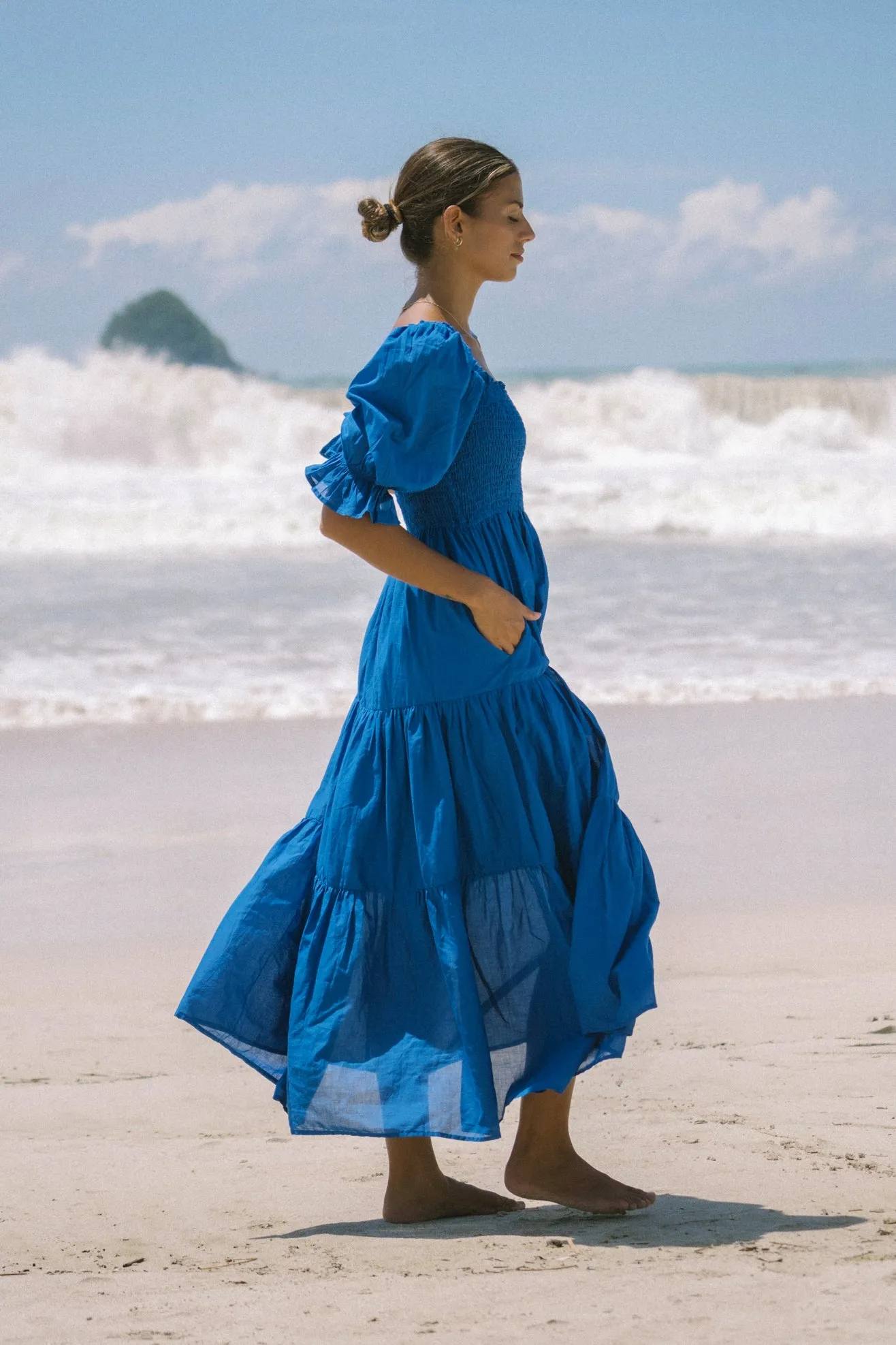 Gabrielle Blue Puff Sleeve Tiered Midi Dress