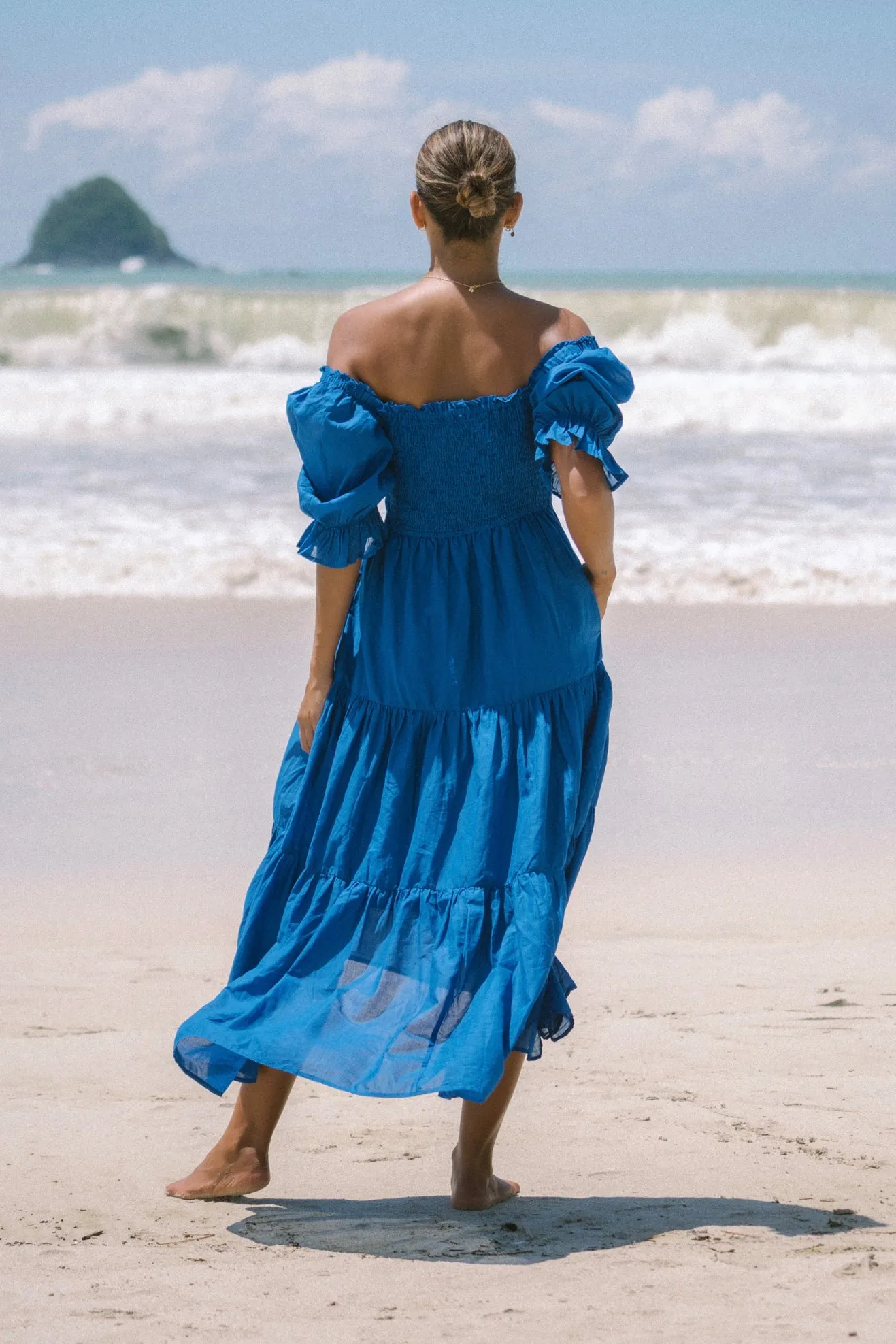 Gabrielle Blue Puff Sleeve Tiered Midi Dress