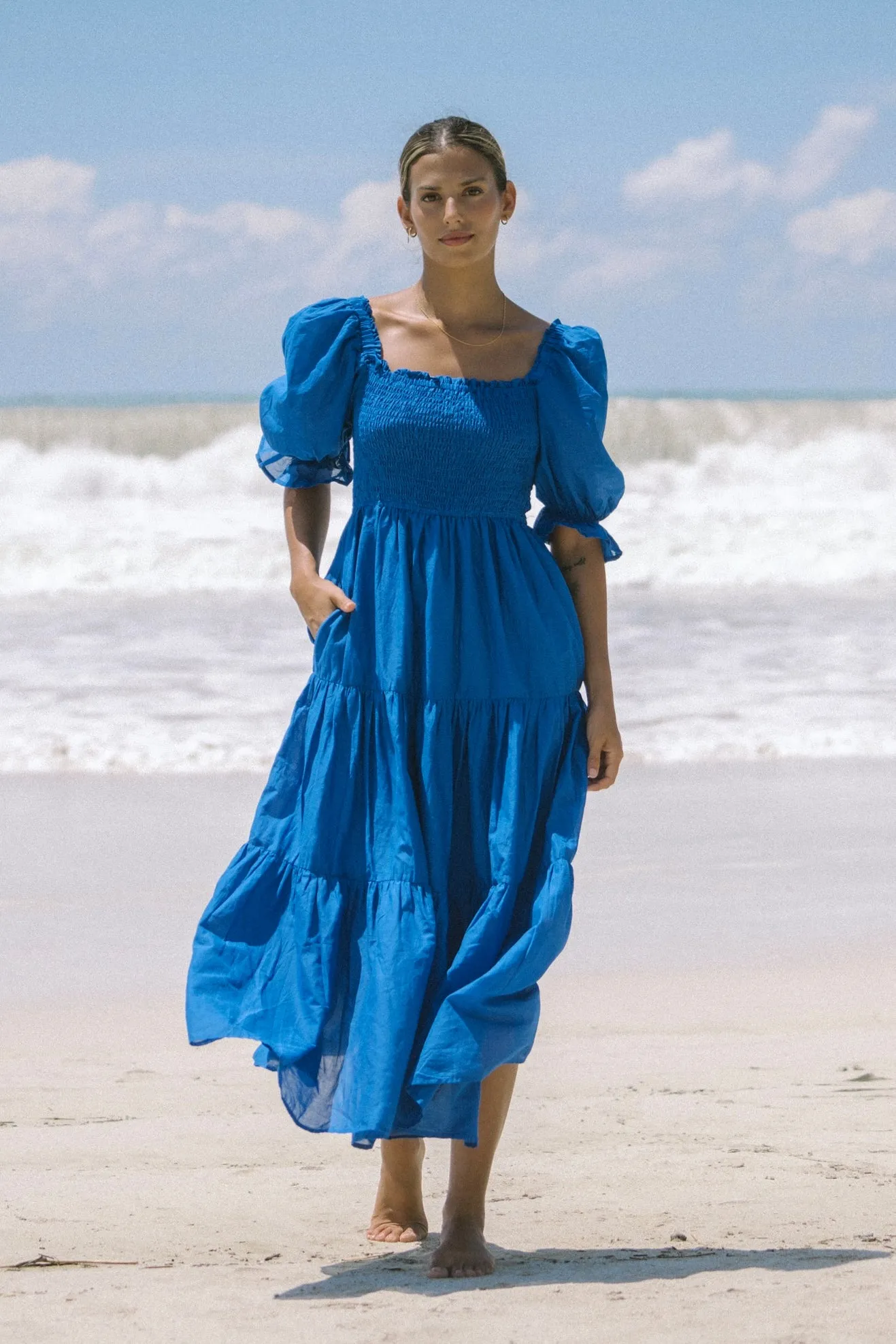 Gabrielle Blue Puff Sleeve Tiered Midi Dress