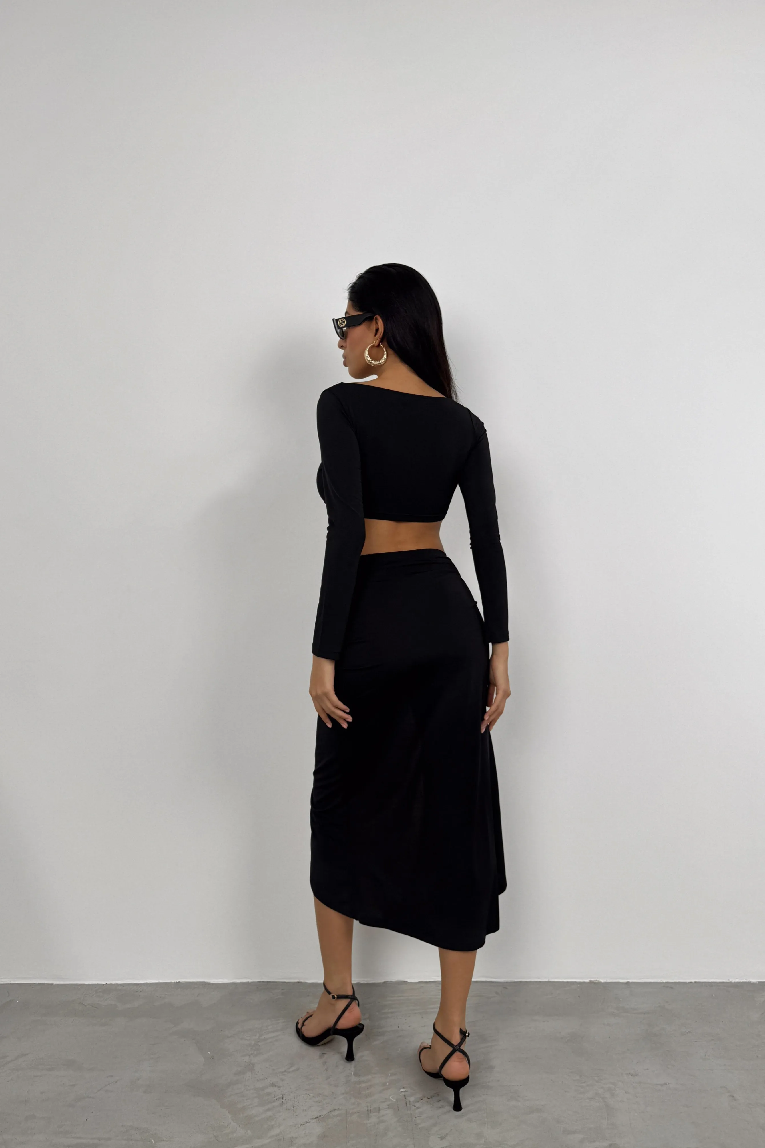 Gathered Detail Midi Skirt With Slit