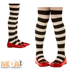 Girls Black and White Striped Tights Costume Accessory (Age 6-12)