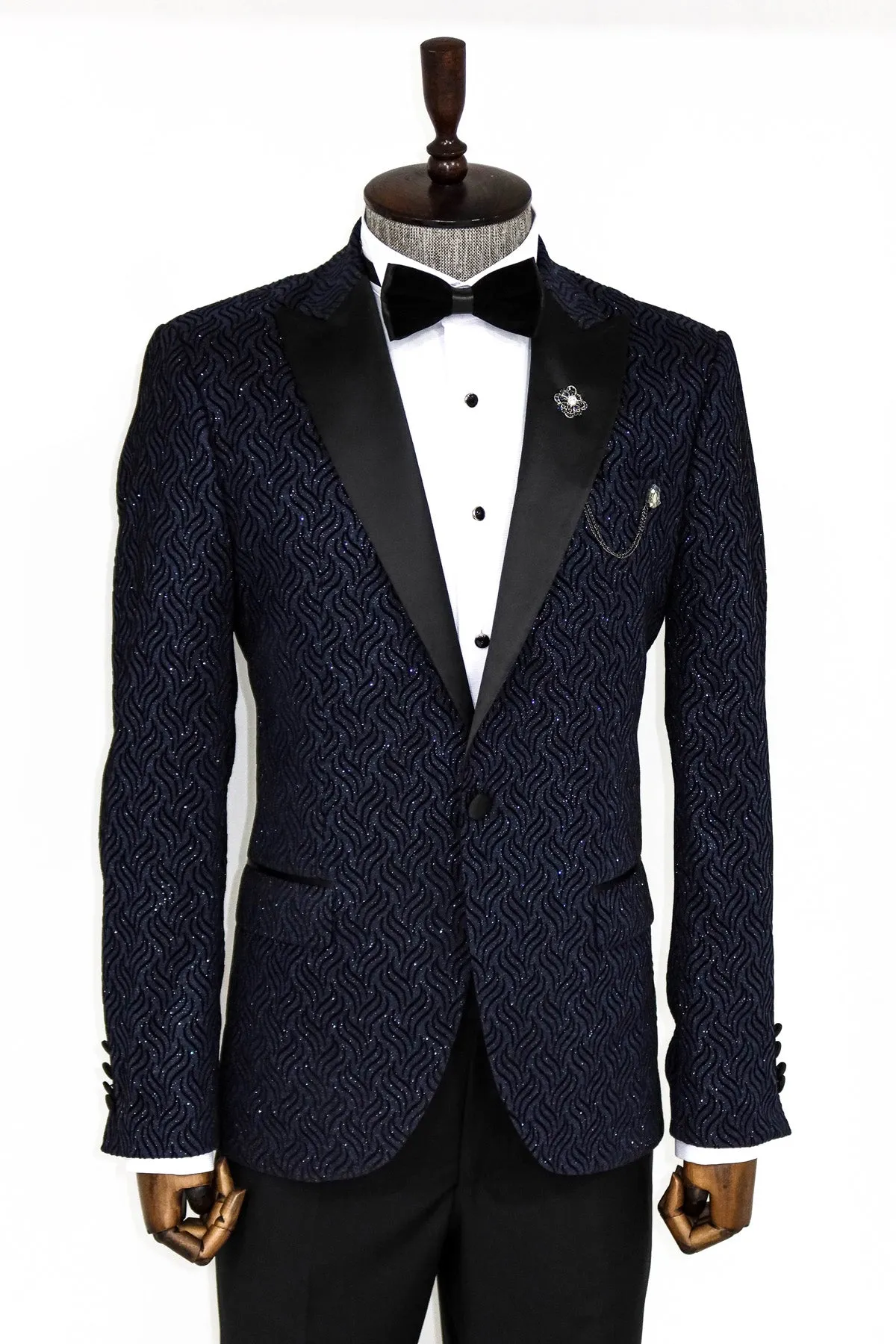 Glitter Shiny Navy Blue Men  Blazer - Wessi