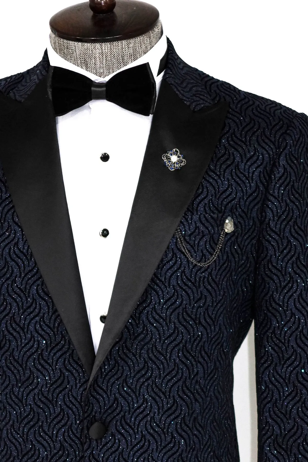 Glitter Shiny Navy Blue Men  Blazer - Wessi