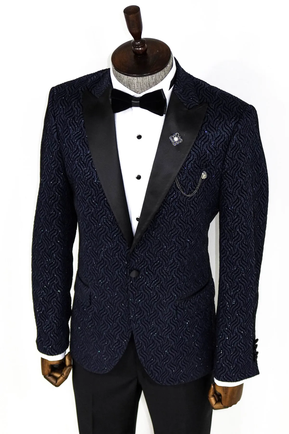 Glitter Shiny Navy Blue Men  Blazer - Wessi