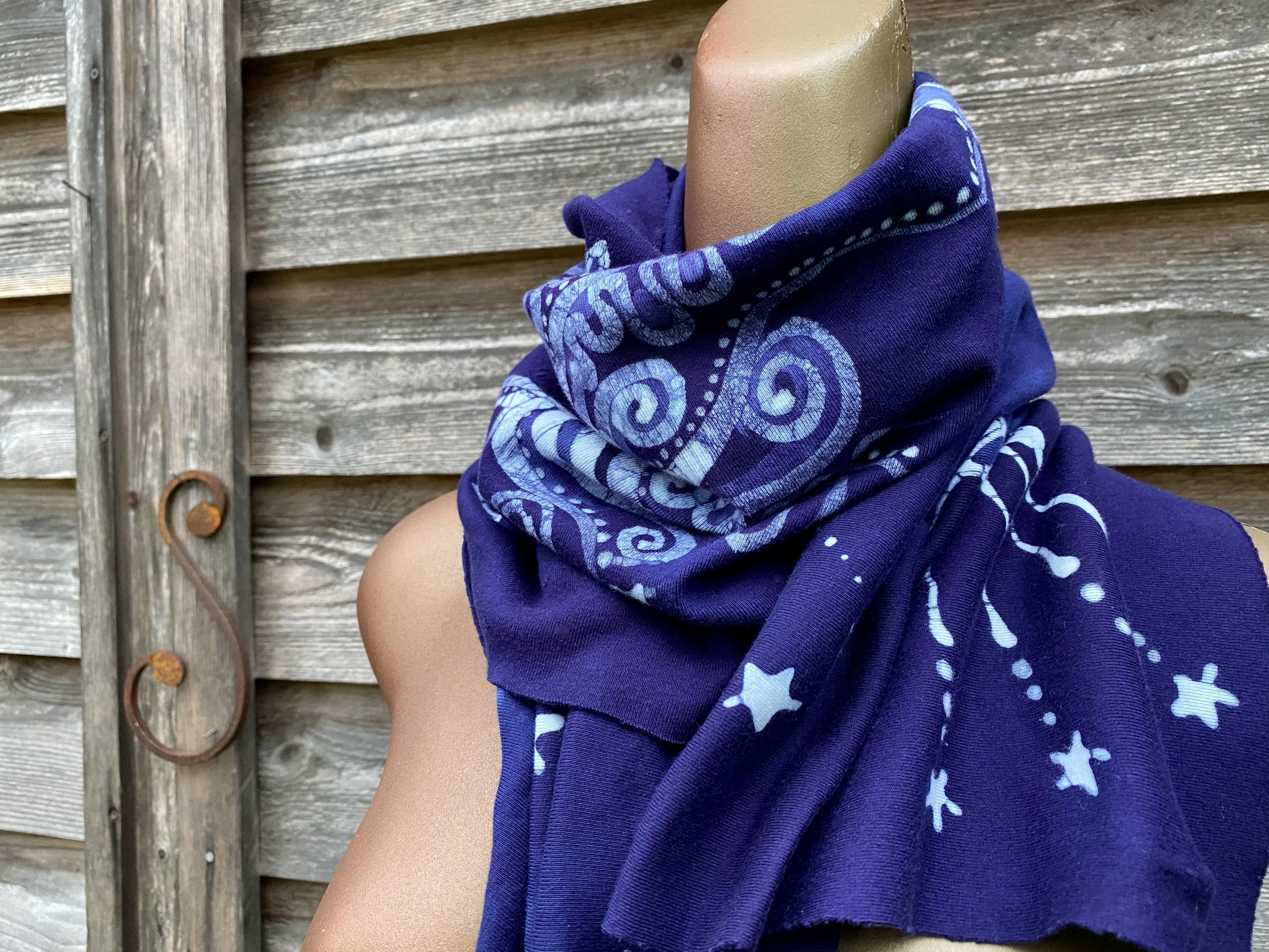 Guided By Stars Navy Blue Night  - Hand Painted Organic Knit Fabric Scarf