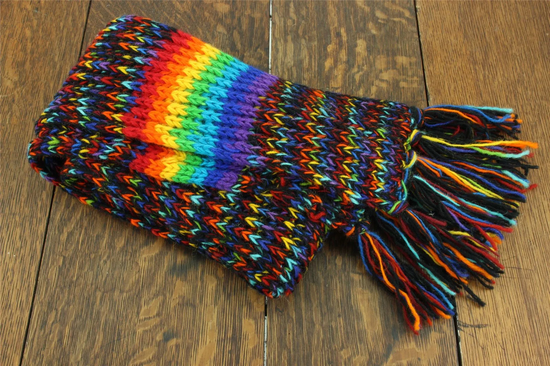 Hand Knitted Wool Scarf - SD Black Rainbow Stripe