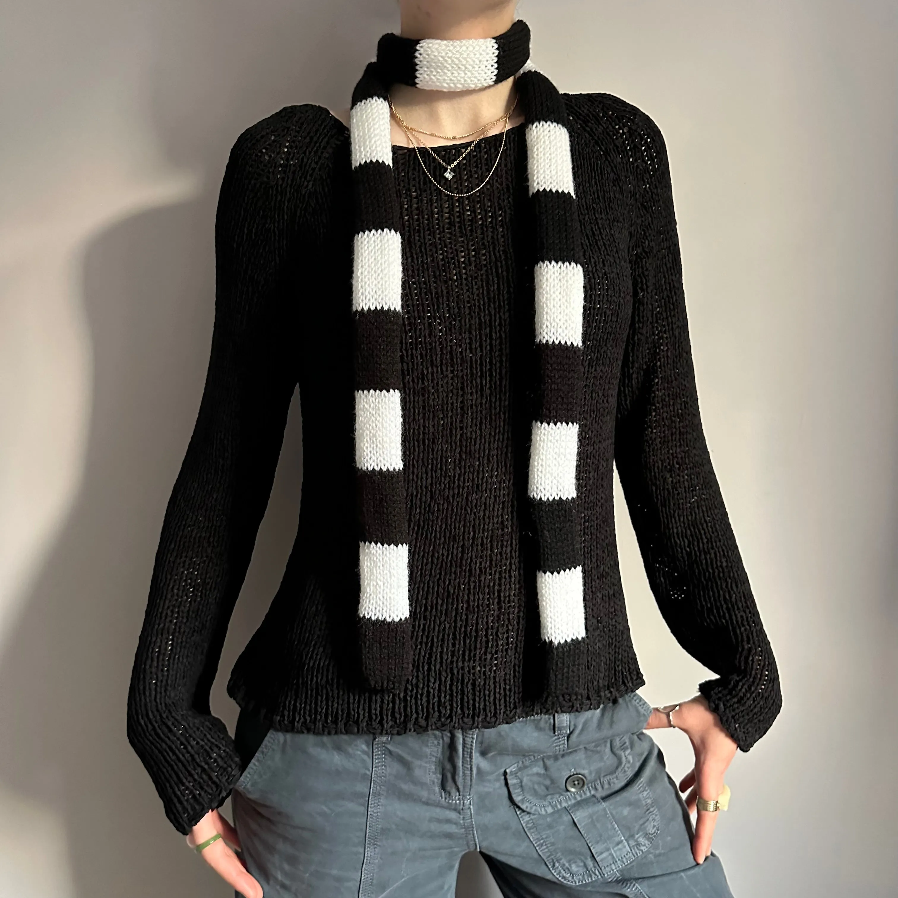 Handmade knitted striped skinny scarf in black and white