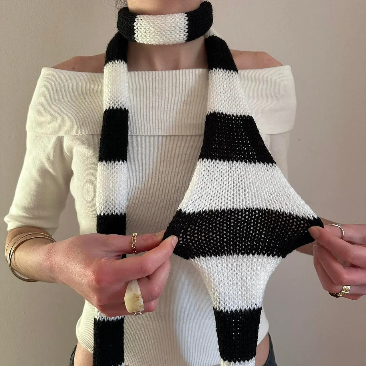 Handmade knitted striped skinny scarf in black and white