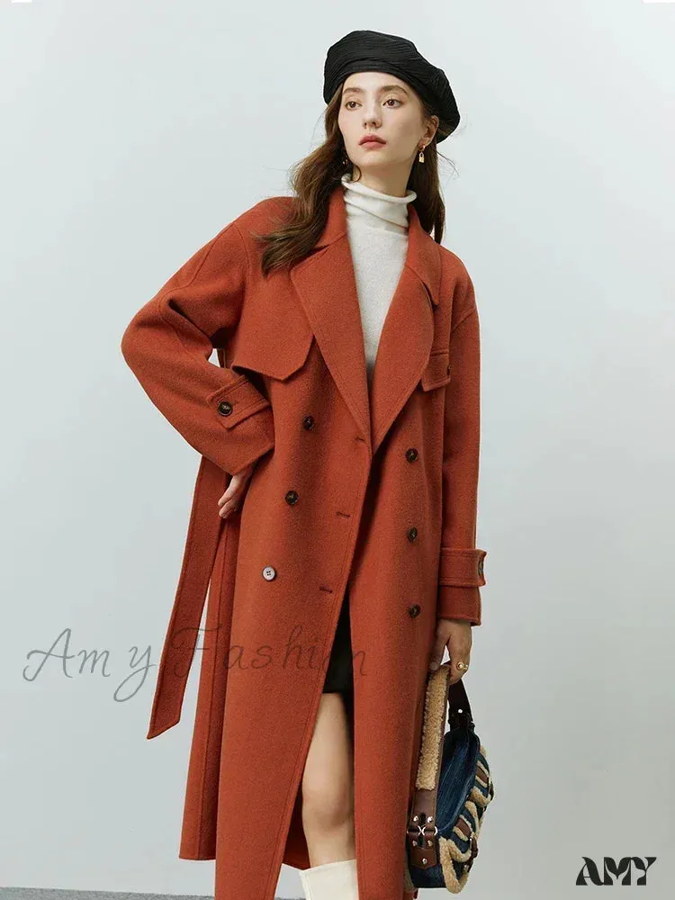 Hepburn Style Pure Woolen Autumn Winter Temperament Office Lady Double-sided Mid-length Coat