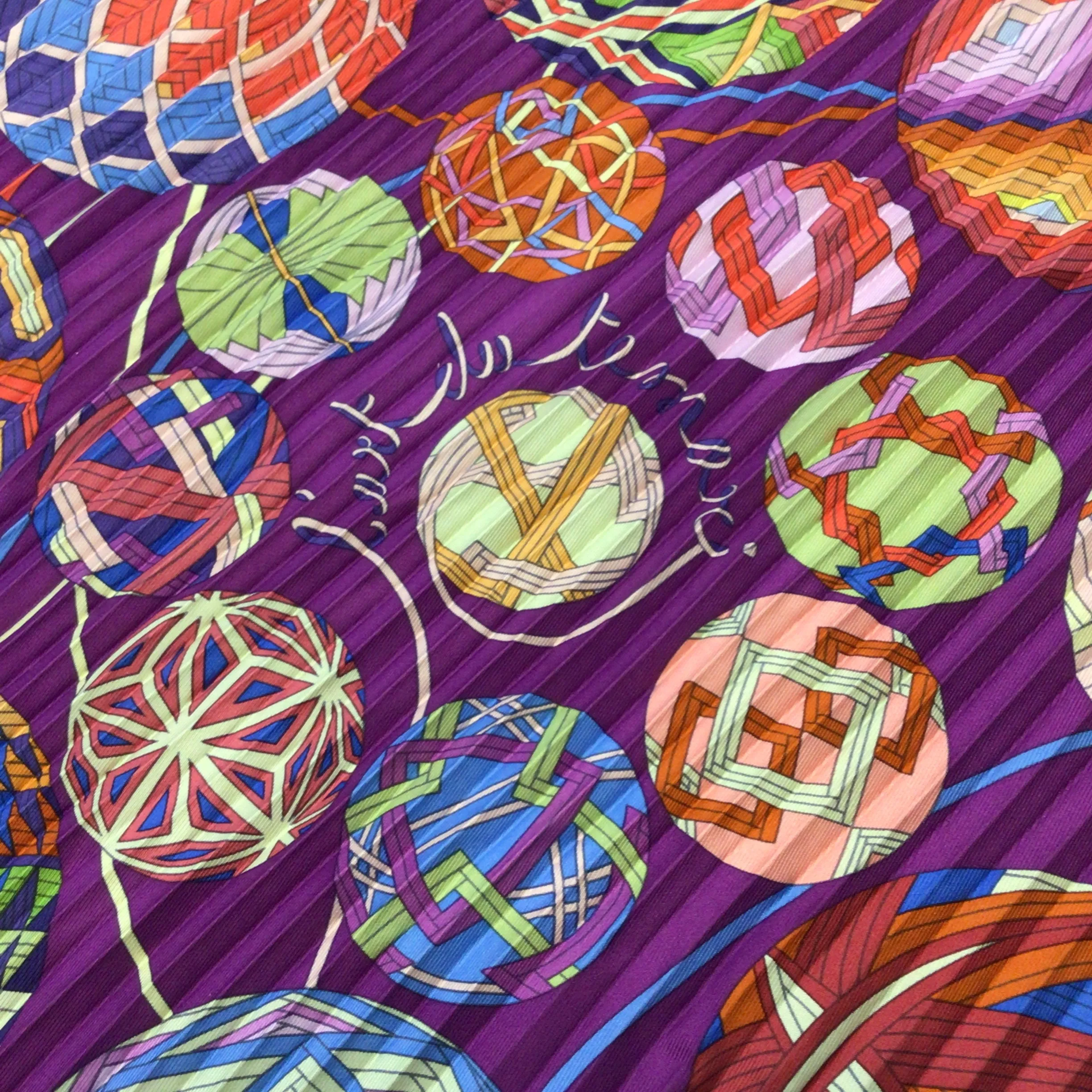 Hermes Purple Multi L'Art du Temari Printed Accordion Pleated Square Silk Scarf