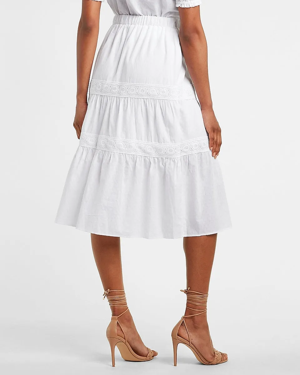 High Waisted Embroidered Tiered Midi Skirt in White