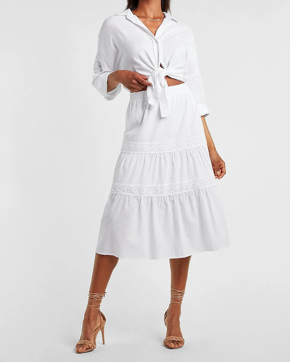 High Waisted Embroidered Tiered Midi Skirt in White