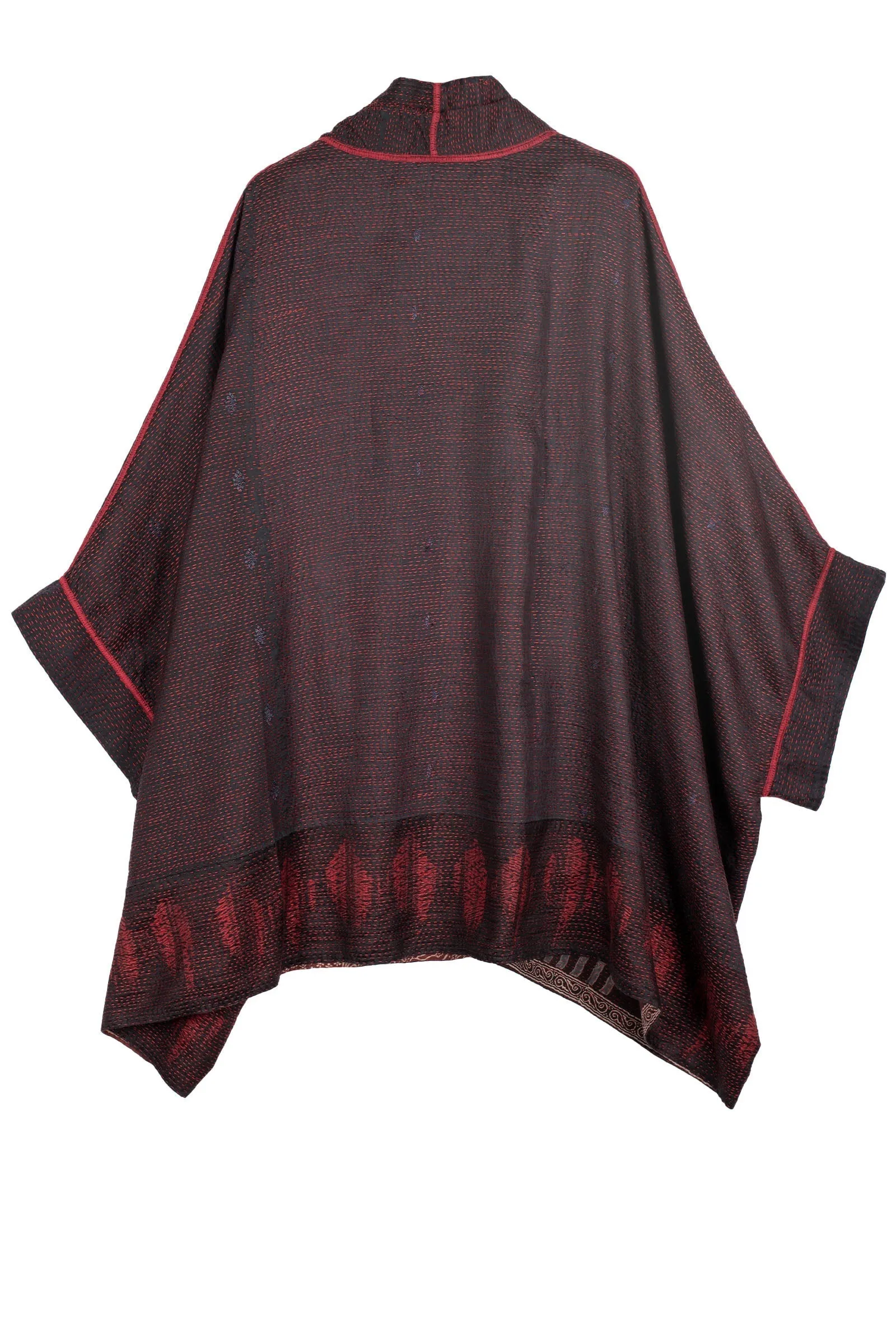 INDONESIAN PRINT & BORDER SHIBORI KANTHA DOUBLE COLLAR PONCHO - ib2323-red -