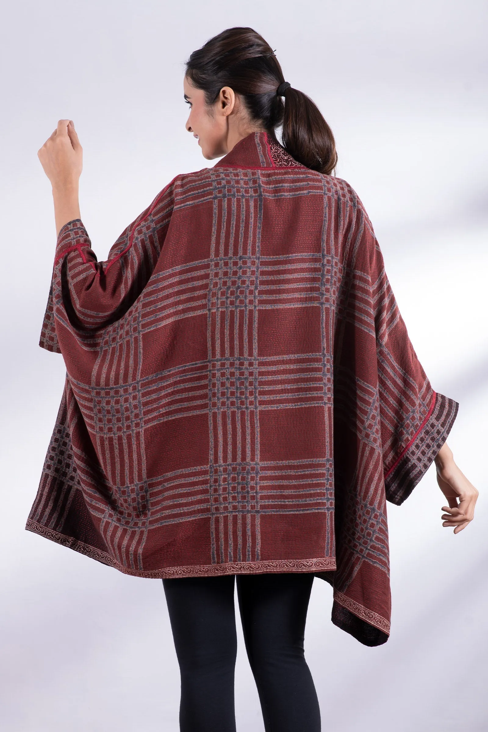 INDONESIAN PRINT & BORDER SHIBORI KANTHA DOUBLE COLLAR PONCHO - ib2323-red -