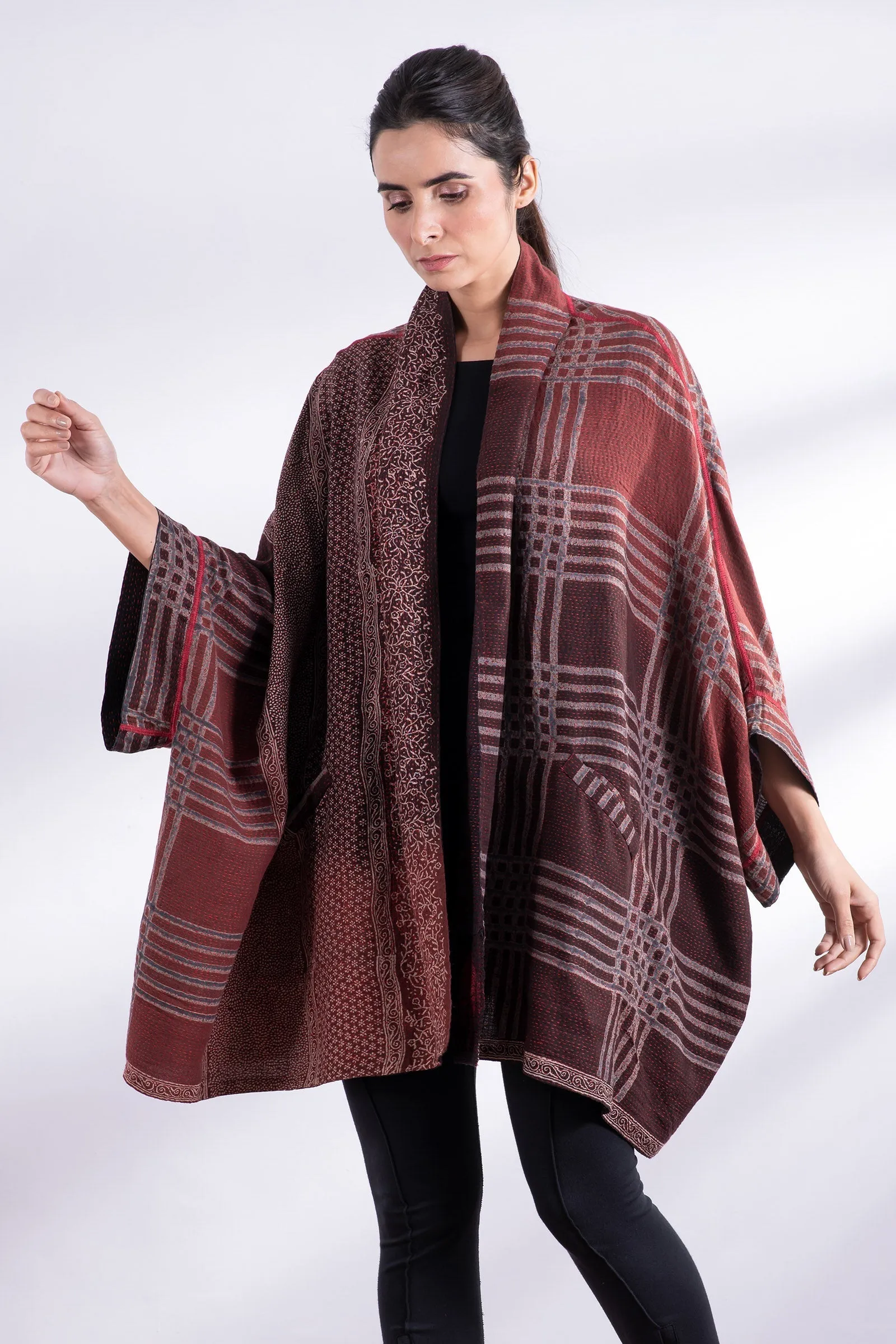 INDONESIAN PRINT & BORDER SHIBORI KANTHA DOUBLE COLLAR PONCHO - ib2323-red -