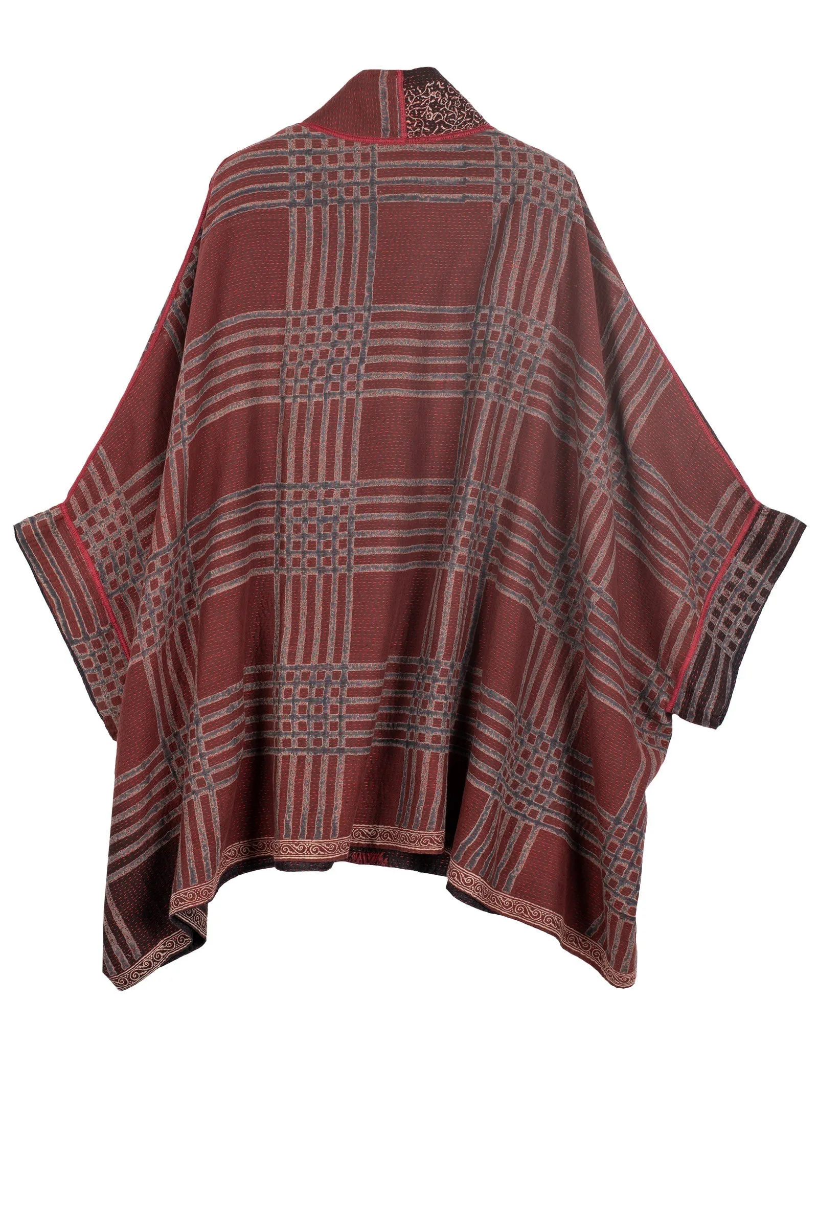 INDONESIAN PRINT & BORDER SHIBORI KANTHA DOUBLE COLLAR PONCHO - ib2323-red -