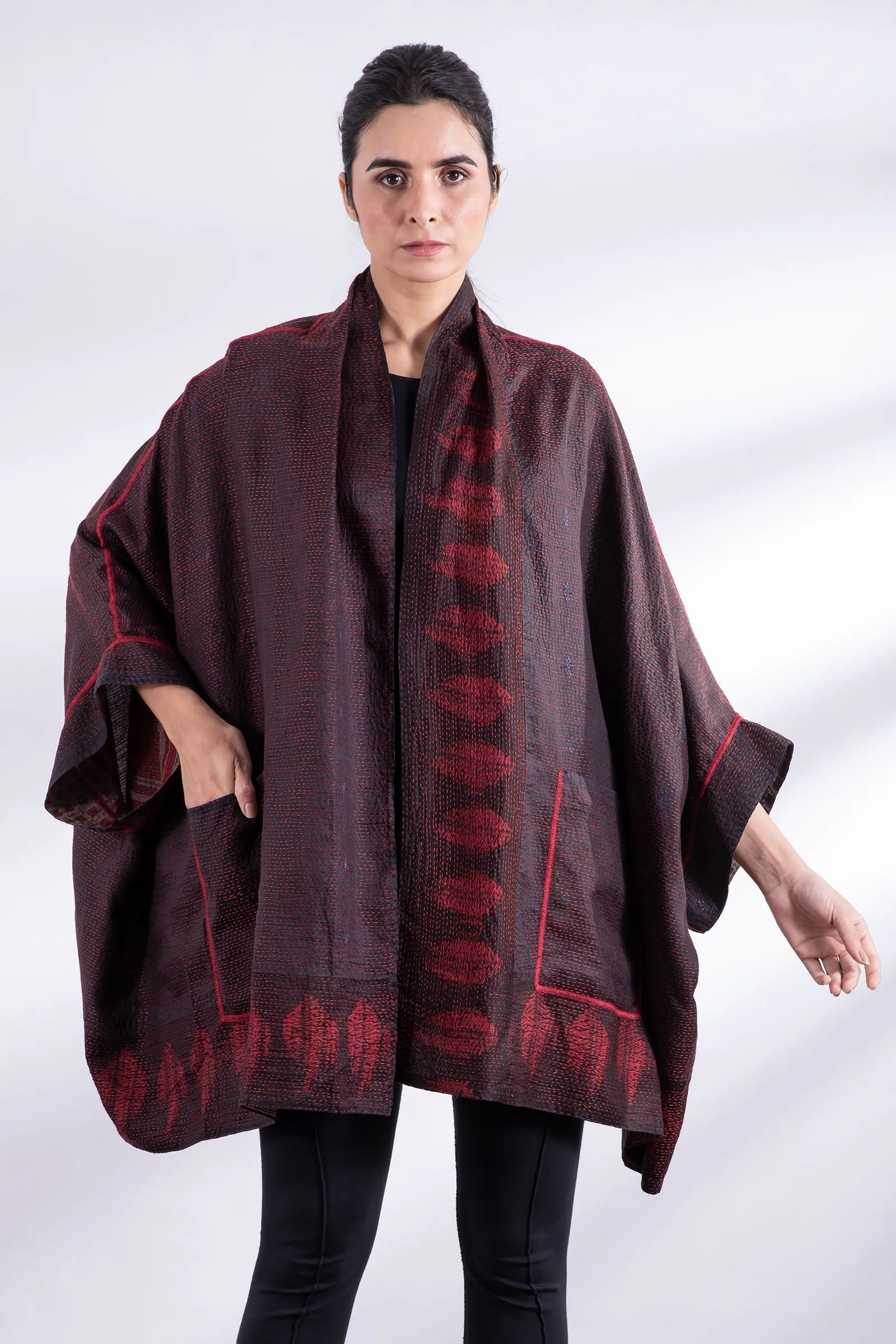 INDONESIAN PRINT & BORDER SHIBORI KANTHA DOUBLE COLLAR PONCHO - ib2323-red -