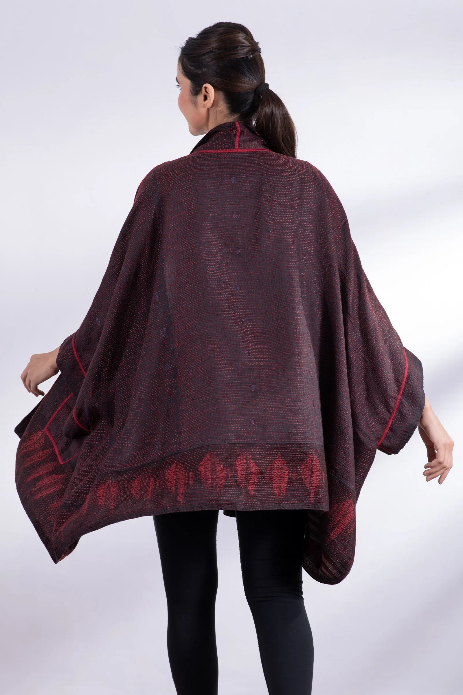 INDONESIAN PRINT & BORDER SHIBORI KANTHA DOUBLE COLLAR PONCHO - ib2323-red -