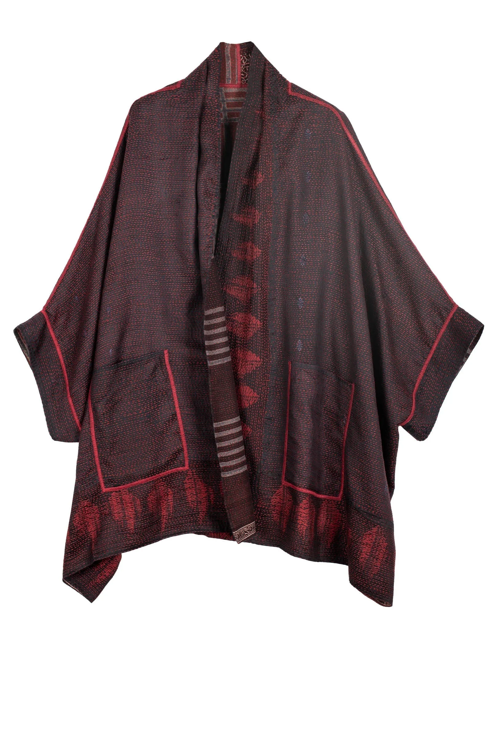 INDONESIAN PRINT & BORDER SHIBORI KANTHA DOUBLE COLLAR PONCHO - ib2323-red -