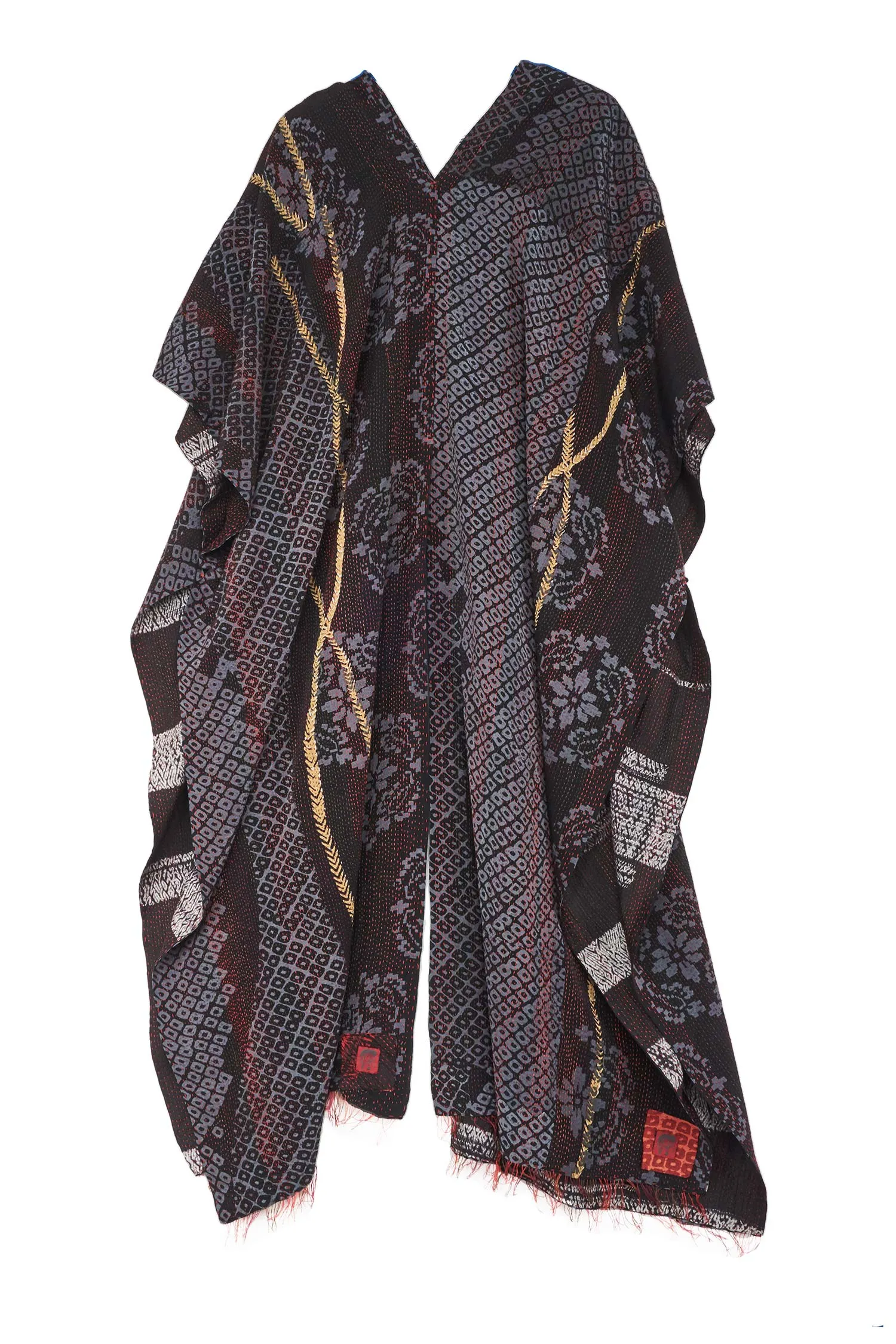 KIMONO PRINT KANTHA KIMONO PONCHO - kp2321-blk -