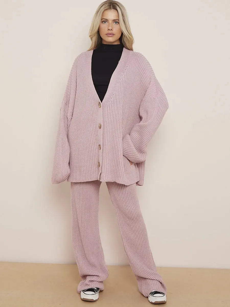 Knitted Drop Shoulder Buttoned Cardigan & Wide Leg Trouser Co-ord