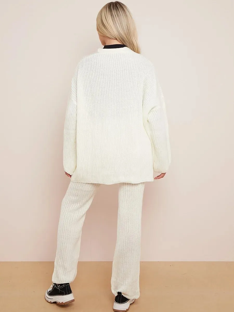 Knitted Drop Shoulder Buttoned Cardigan & Wide Leg Trouser Co-ord