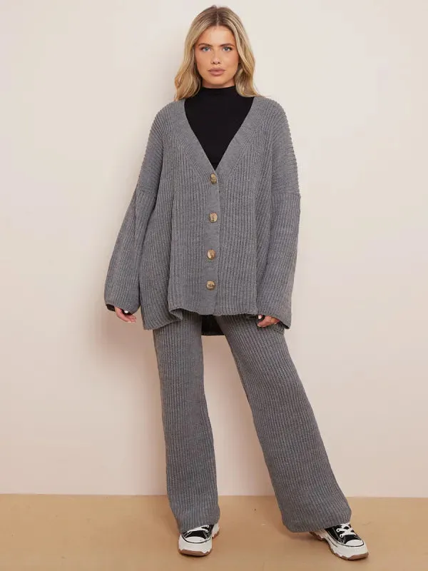 Knitted Drop Shoulder Buttoned Cardigan & Wide Leg Trouser Co-ord