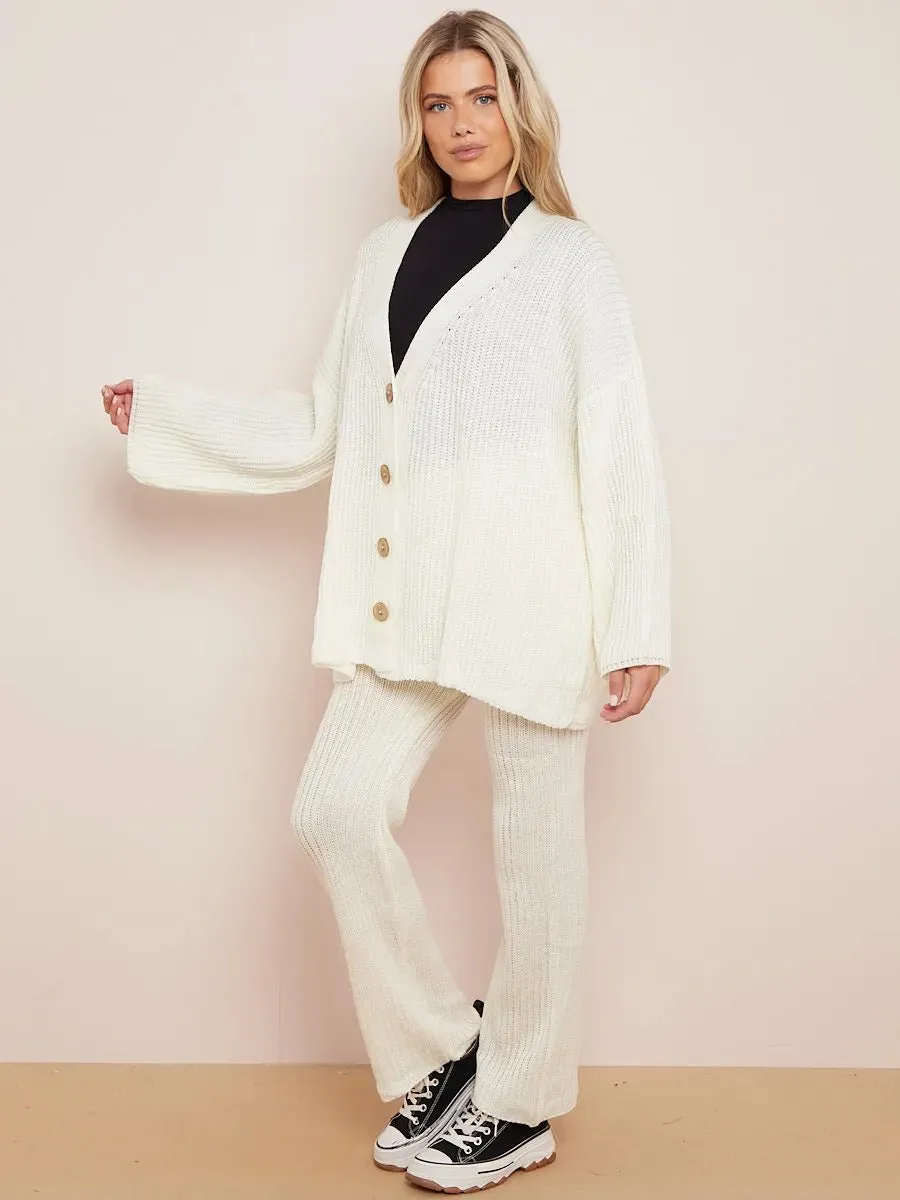 Knitted Drop Shoulder Buttoned Cardigan & Wide Leg Trouser Co-ord