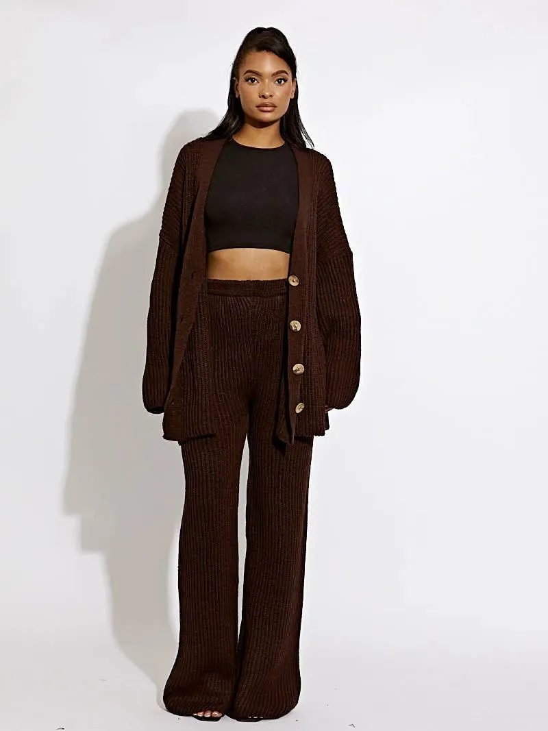 Knitted Drop Shoulder Buttoned Cardigan & Wide Leg Trouser Co-ord