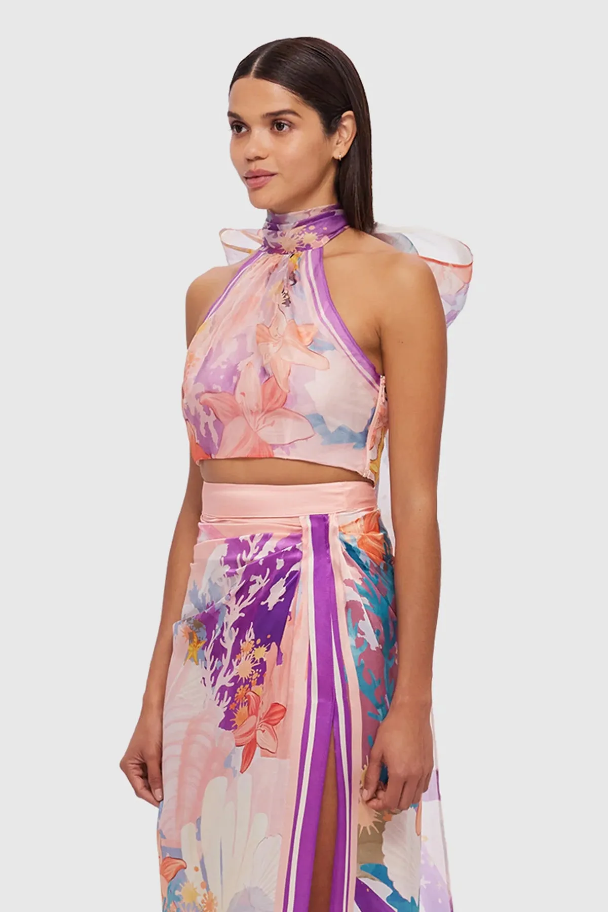 Leo Lin Evie Halter Bow Tie Top - Neptune Print in Coral