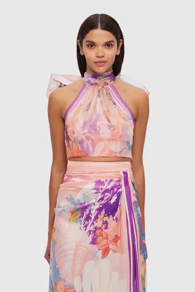 Leo Lin Evie Halter Bow Tie Top - Neptune Print in Coral