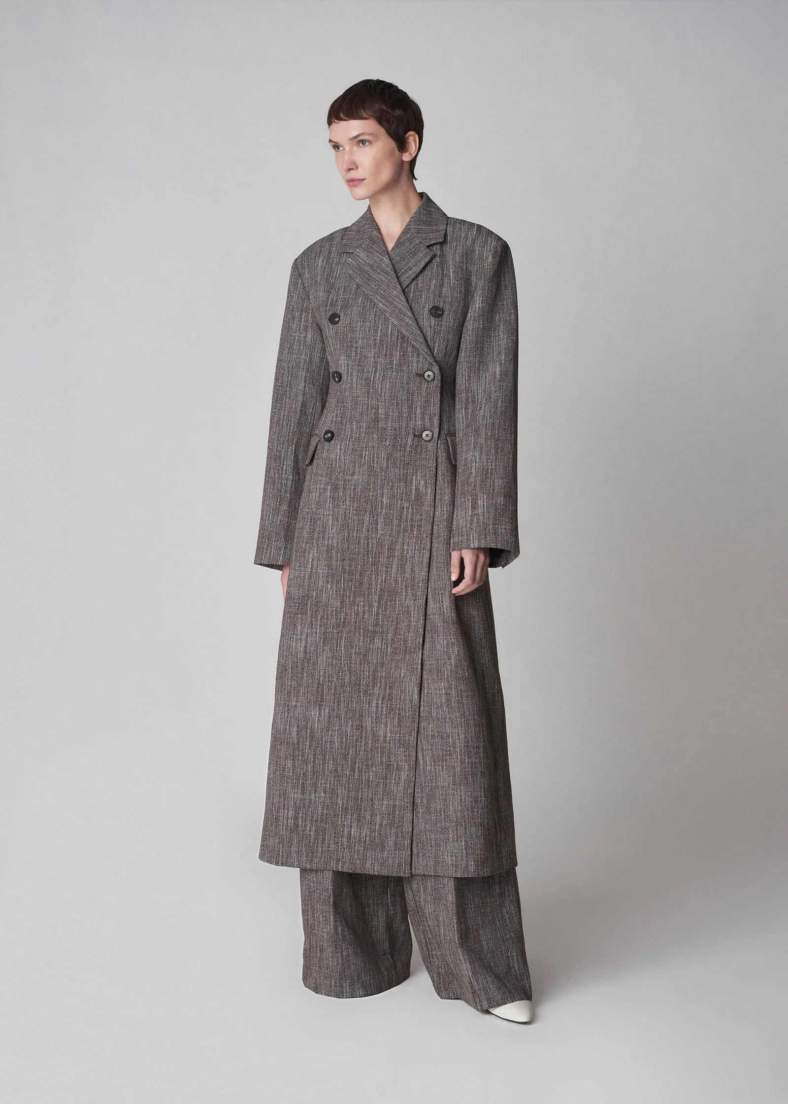 Long Coat in Virgin Wool Melange Suiting - Coffee