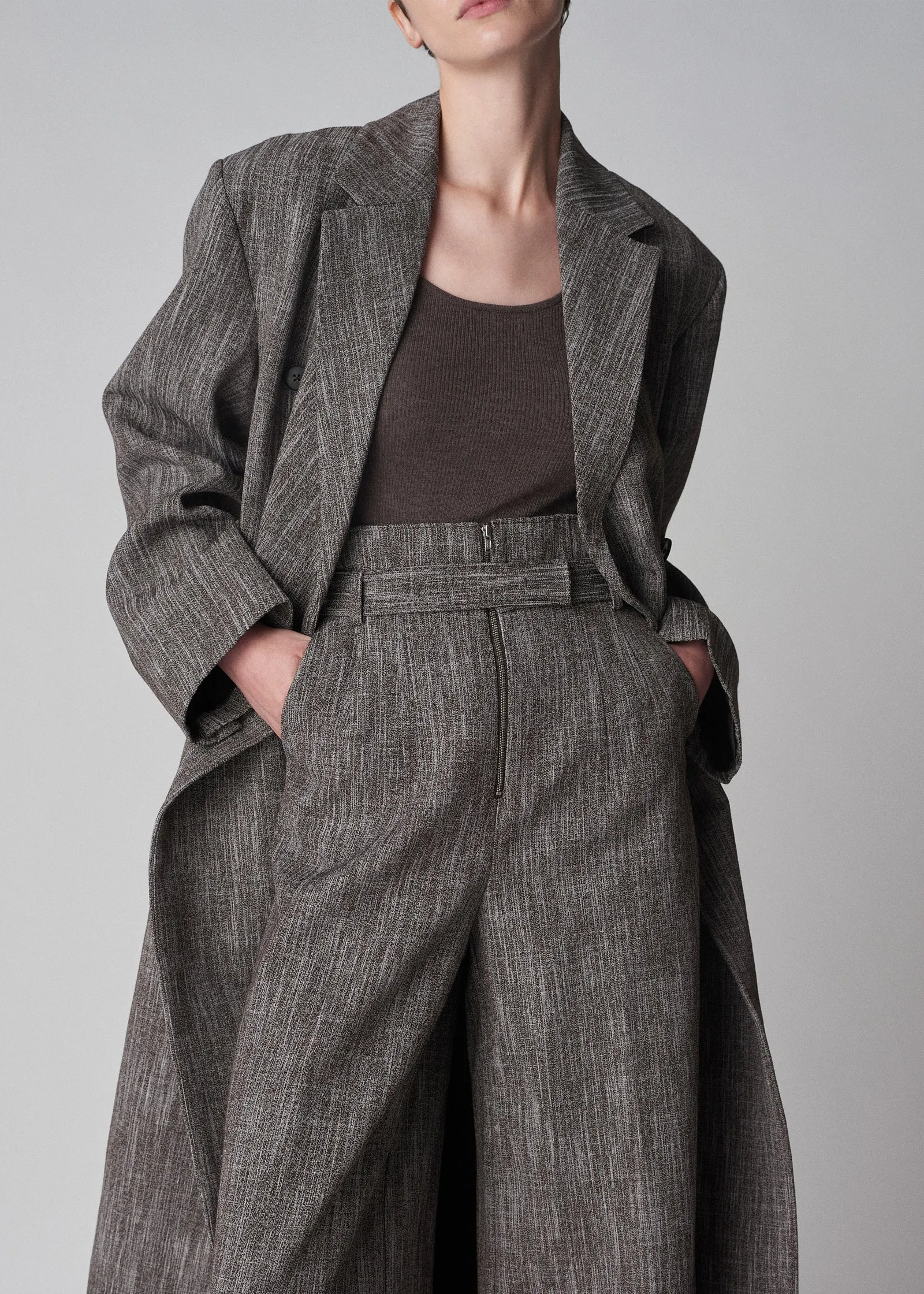 Long Coat in Virgin Wool Melange Suiting - Coffee