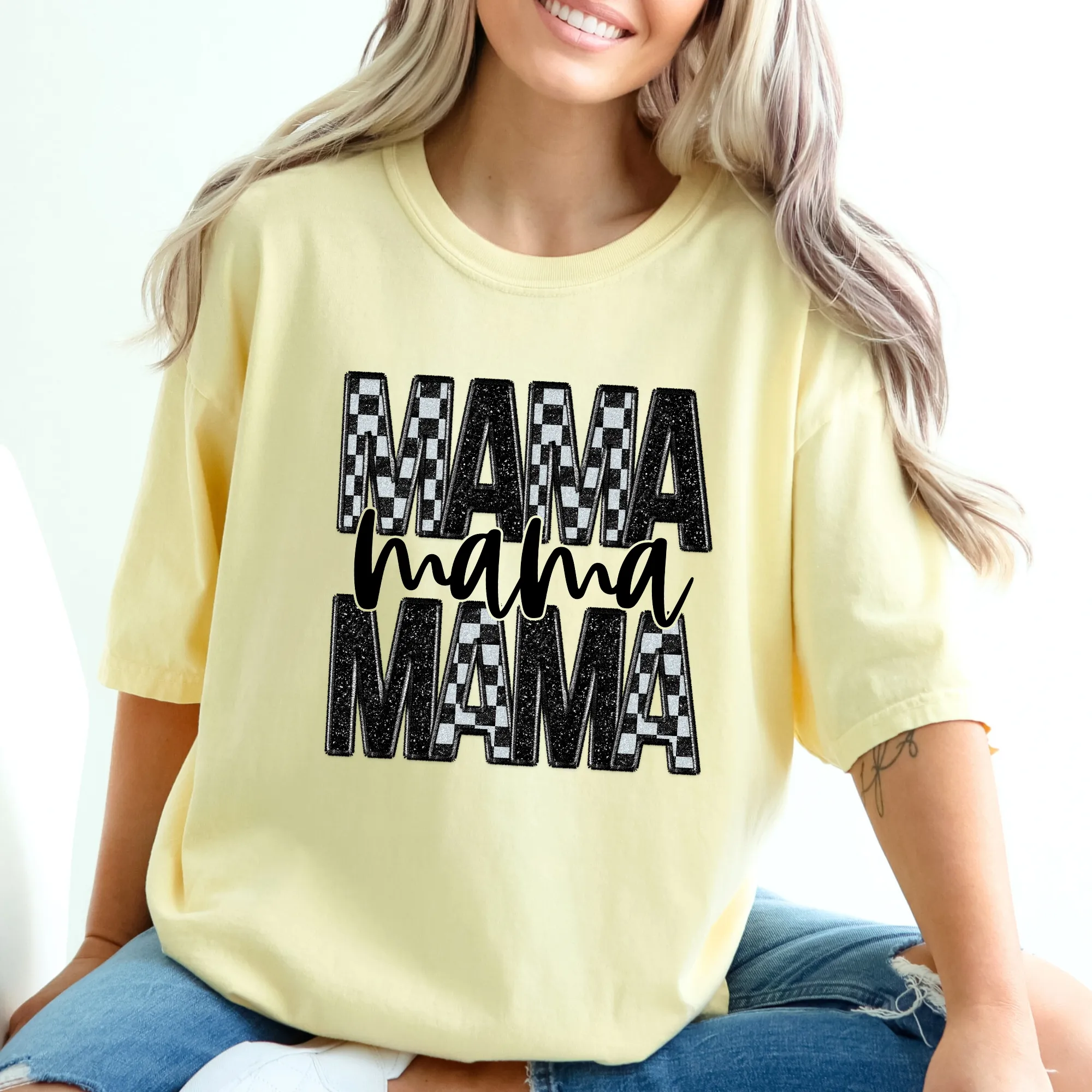 Mama Checkered Faux Embroidery Comfort Colors Shirt