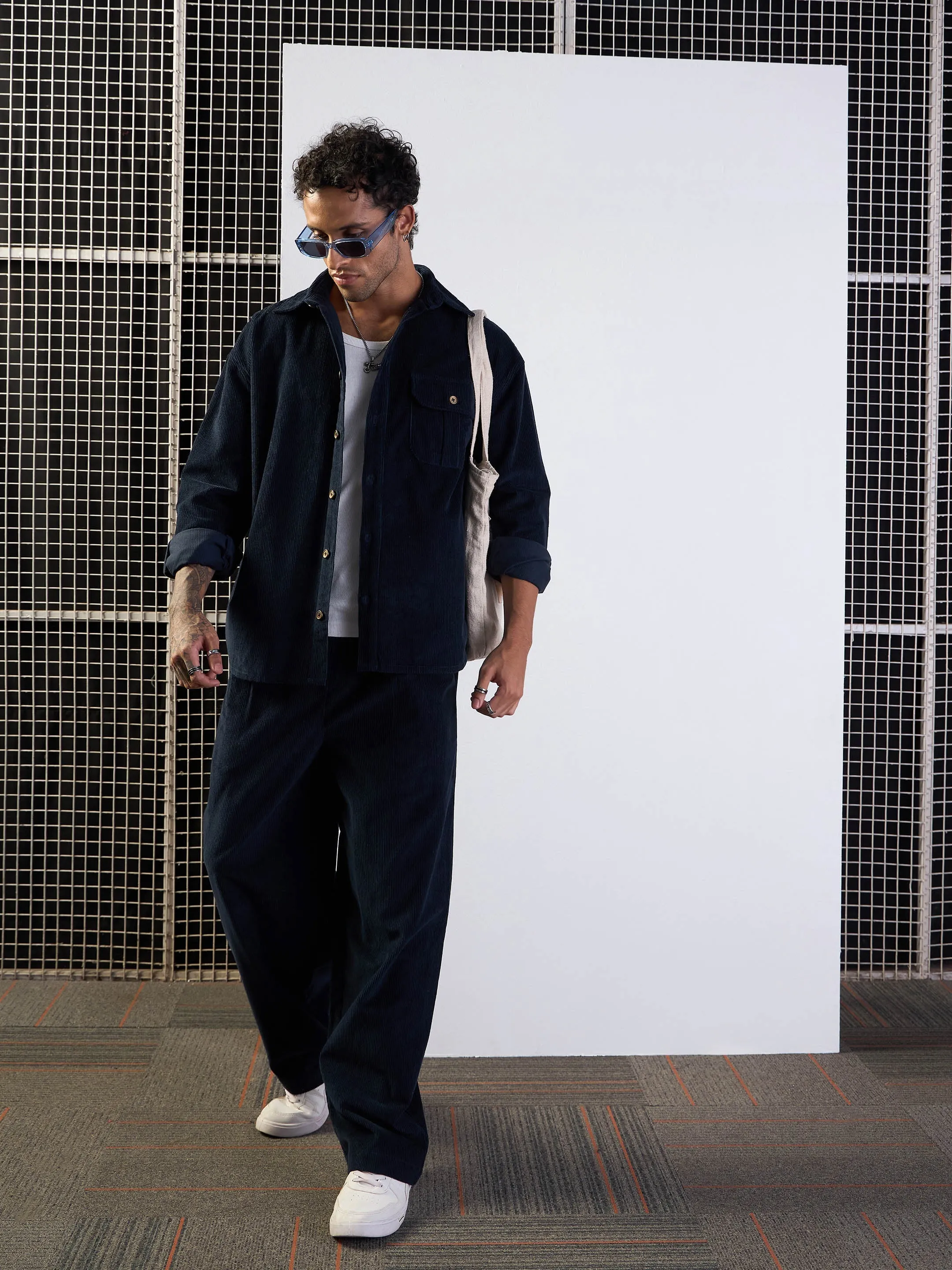 Men Navy Corduroy Front Dart Pants