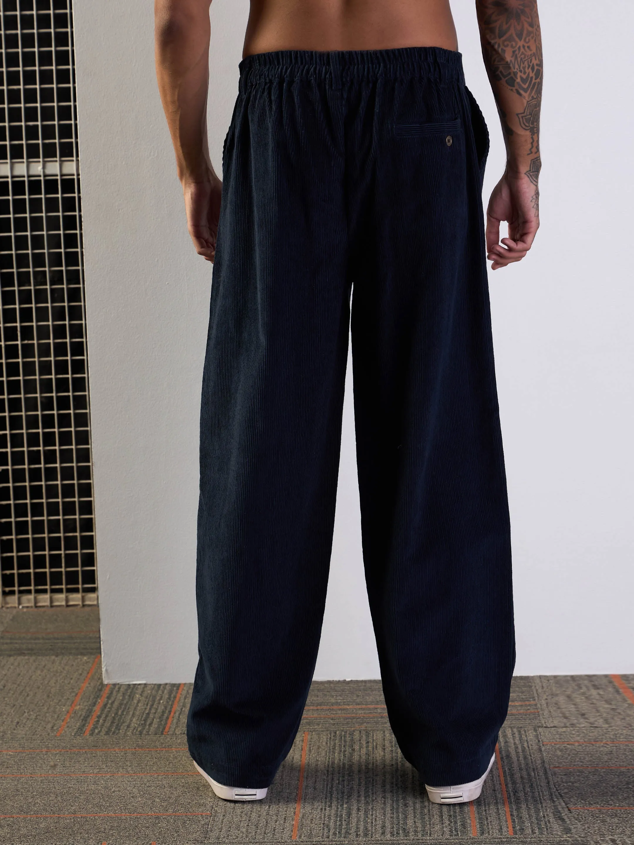 Men Navy Corduroy Front Dart Pants