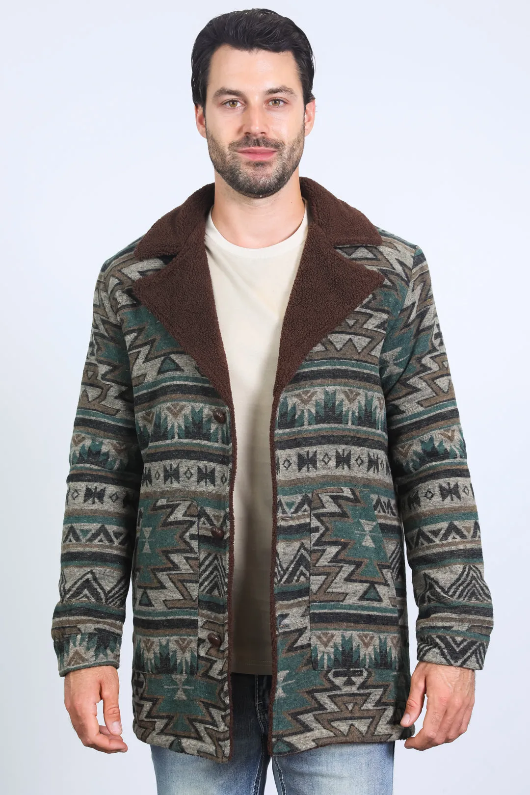 Mens Ethnic Aztec Long Twill Turquoise Coat