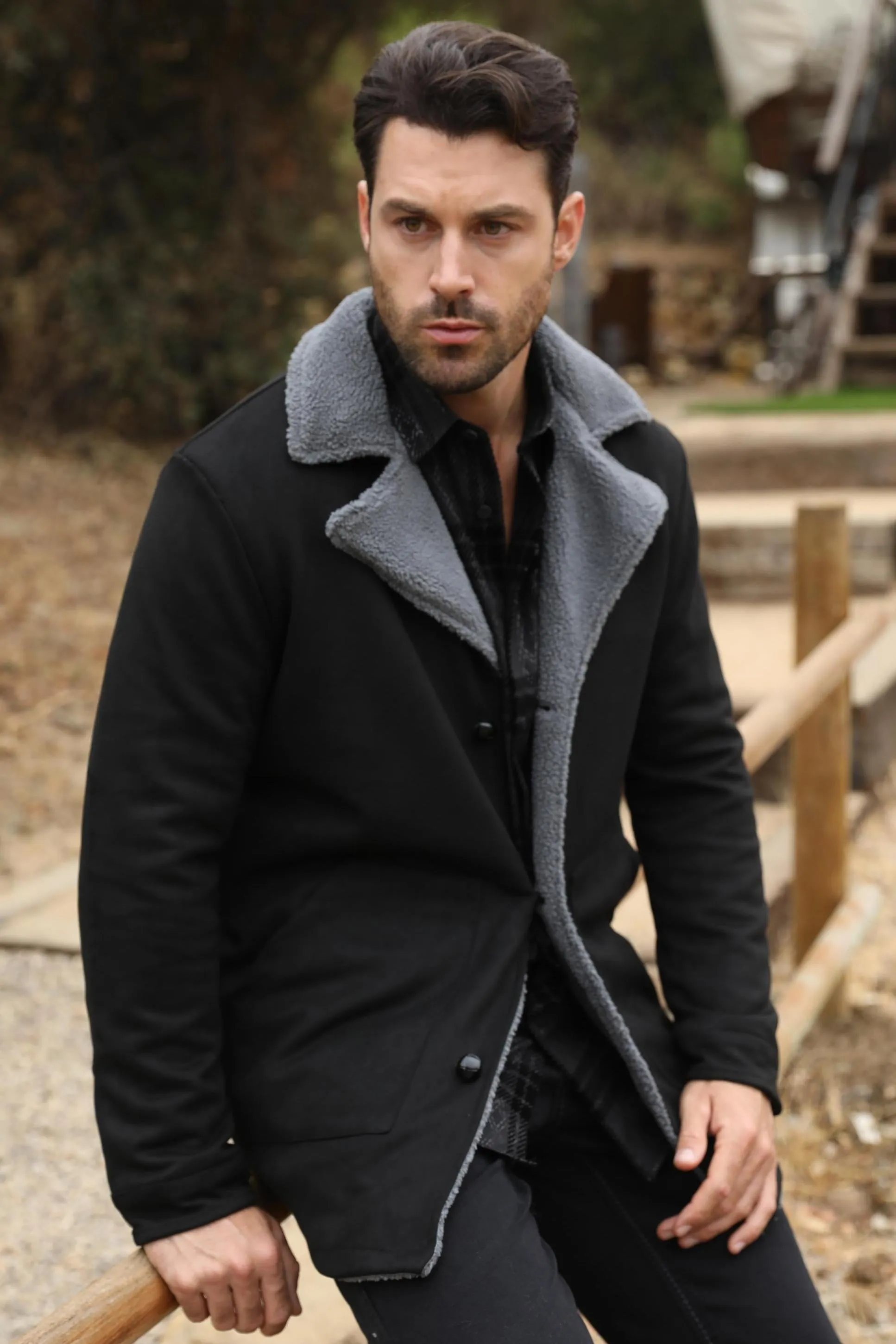 Mens Western-Style Long Faux Suede Black Coat