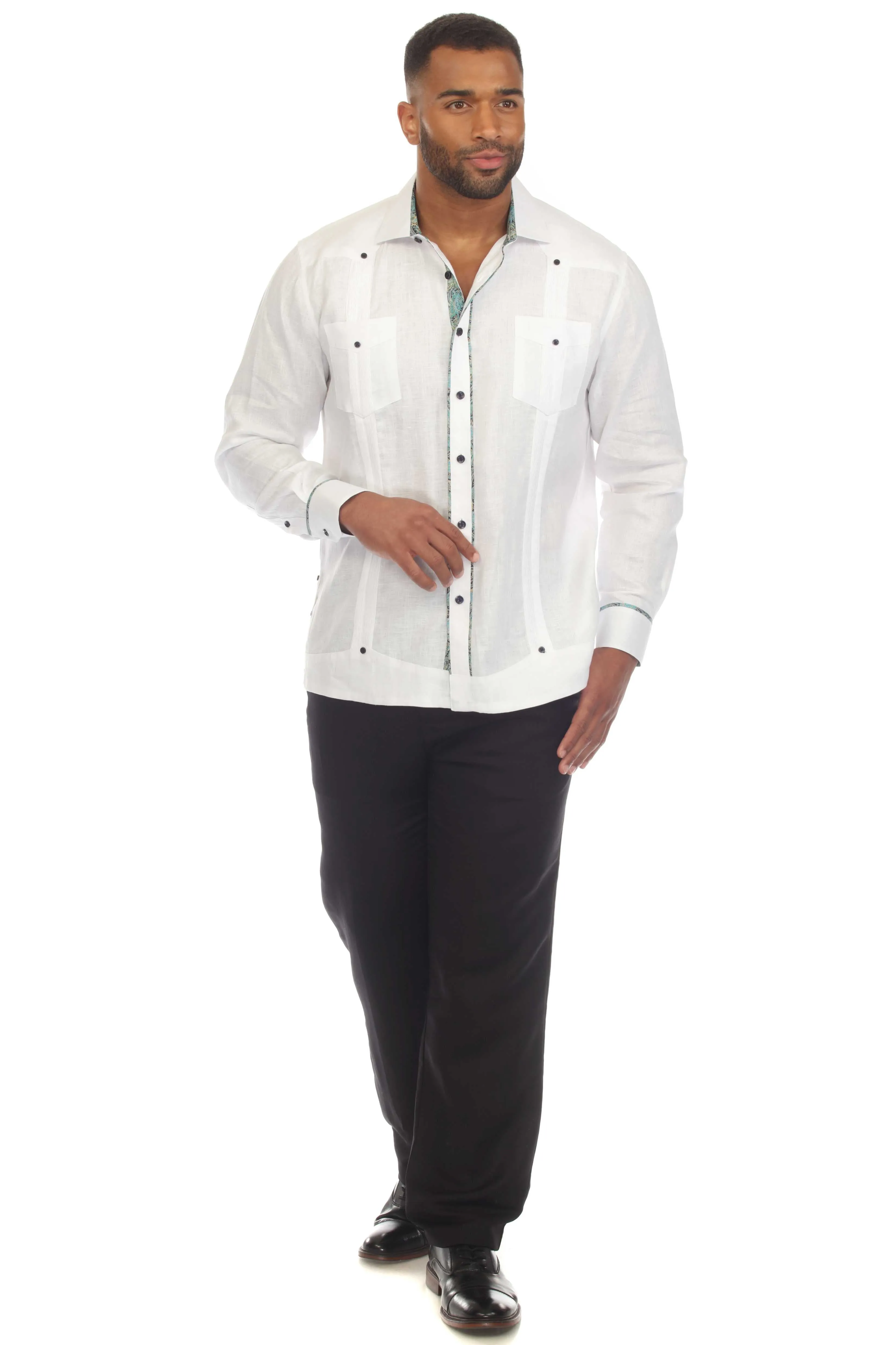 Mojito Men's 100% Linen Guayabera Chacabana Shirt Long Sleeve with Contrast Trim Accent