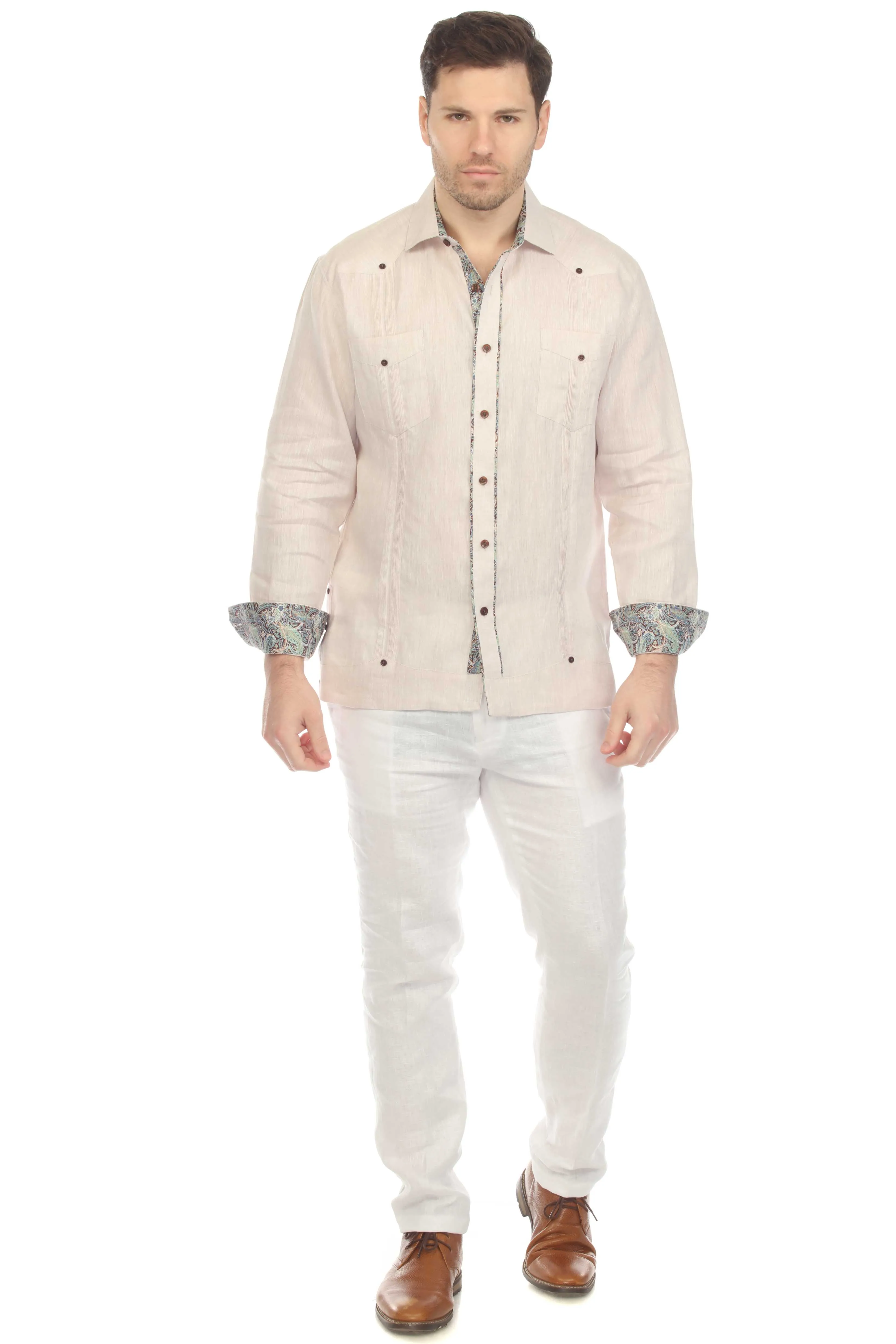 Mojito Men's 100% Linen Guayabera Chacabana Shirt Long Sleeve with Contrast Trim Accent