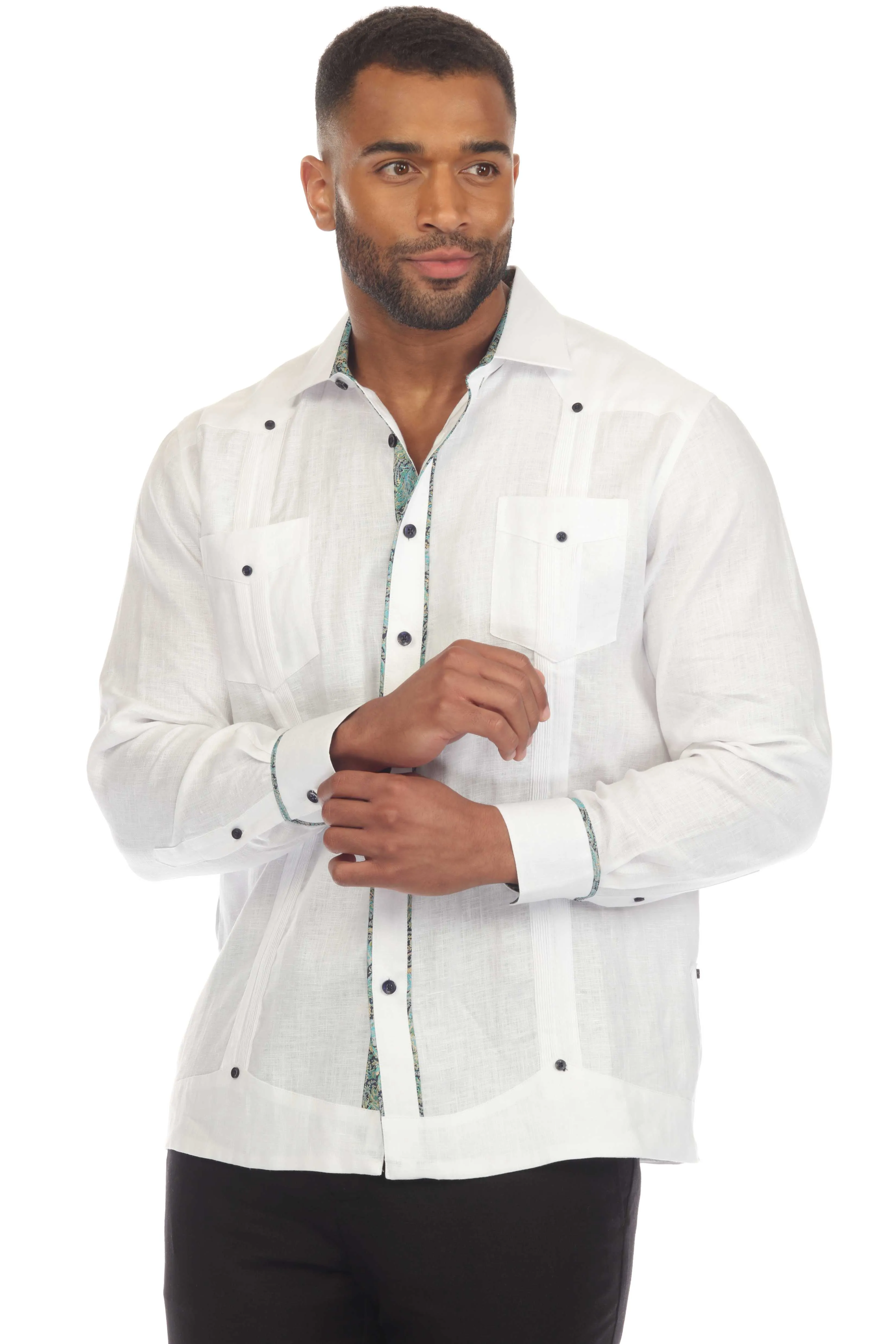 Mojito Men's 100% Linen Guayabera Chacabana Shirt Long Sleeve with Contrast Trim Accent