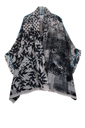 MONOTONE TWILIGHT PRINT KANTHA DOUBLE COLLAR PONCHO - tp2323-wht -