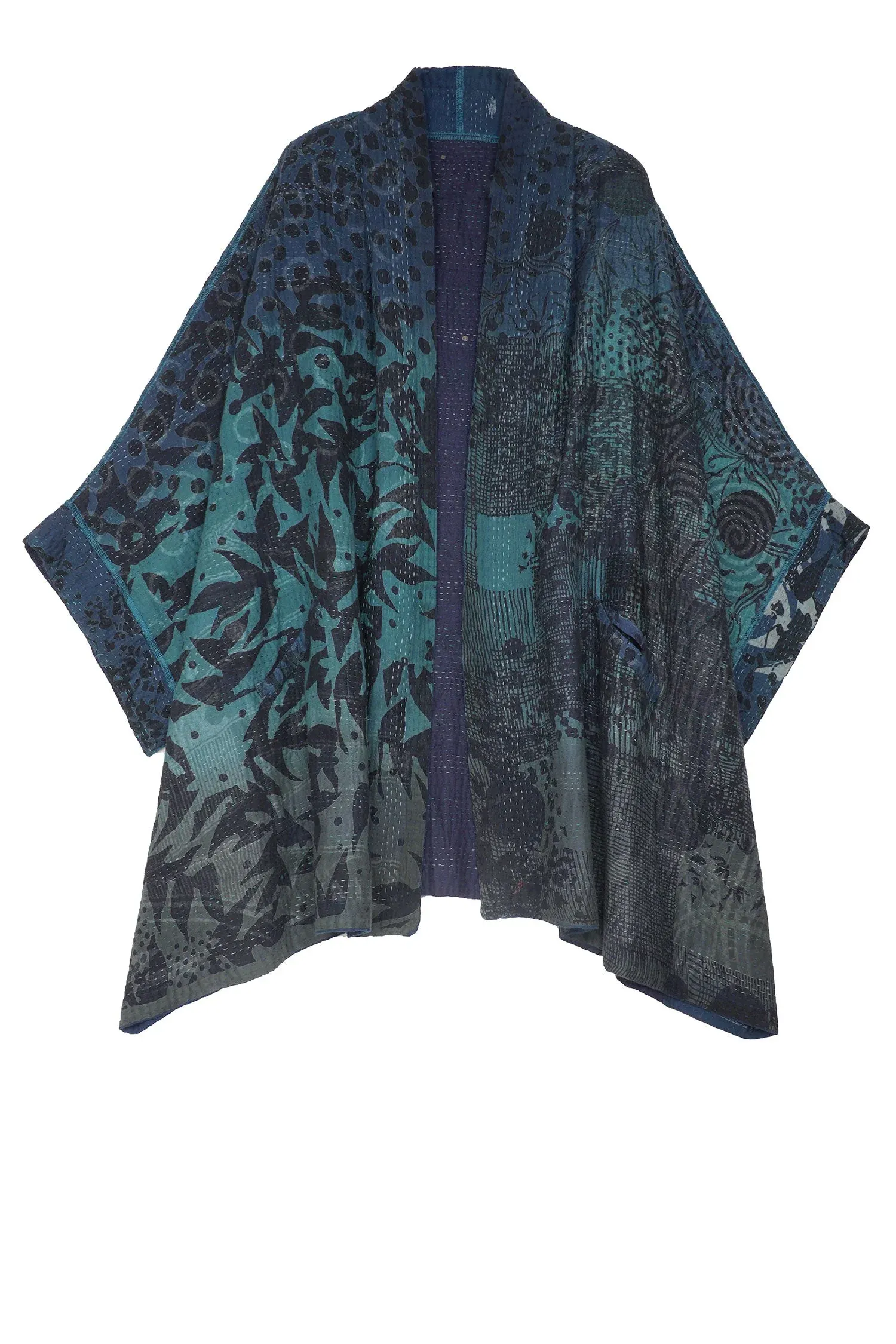 MONOTONE TWILIGHT PRINT KANTHA DOUBLE COLLAR PONCHO - tp4323-blu -