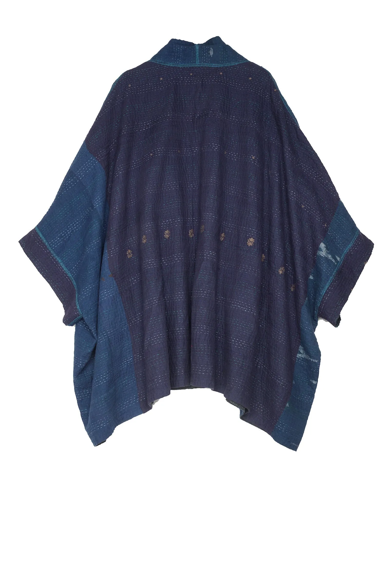 MONOTONE TWILIGHT PRINT KANTHA DOUBLE COLLAR PONCHO - tp4323-blu -